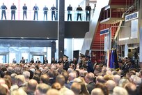 U.S. Strategic Command's (USSTRATCOM) color guard stands at attention during USSTRATCOM's change of command ceremony at Offutt Air Force Base, Neb., Nov. 18, 2019. U.S. Strategic Command (USSTRATCOM) is a global warfighting command and the ultimate guarantor of national and allied security with forces and capability that underpin and enable all other joint force operations. (U.S. Air Force photo by Staff Sgt. Ian Hoachlander)