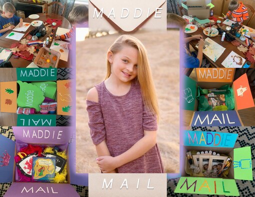 A photo collage shows Maddie Moore, the daughter of U.S. Air Force 2nd. Lt. Tyler Moore, 366th Security Forces Squadron logistics and readiness officer in charge at Mountain Home Air Force Base, Idaho, surrounded by Maddie Mail. Maddie suffers from bi-thalamic glioma, an extremely rare and fatal brain cancer which has left her with a terminal prognosis. Maddie Mail are custom-tailored gifts made by local Airmen meant to allow families in similar situations to share a special memory with their loved ones. (U.S. Air Force graphic by Airman 1st class Andrew Kobialka)