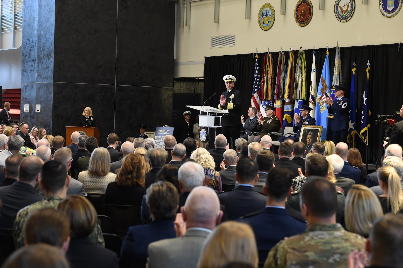 U.S. Navy Adm. Charles A. Richard, commander of U.S. Strategic Command (USSTRATCOM), provides closing remarks following USSTRATCOM's change of command ceremony at Offutt Air Force Base, Neb., Nov. 18, 2019. Richard comes to USSTRATCOM after serving as the commander of Submarine Forces; commander of Submarine Force Atlantic and commander of Allied Submarine Command at Naval Station Norfolk, Va. As a former deputy commander of USSTRATCOM, Richard understands the responsibilities of the command and its mission, as well as its role in the future for strategic deterrence. (U.S. Air Force photo by Staff Sgt. Ian Hoachlander)