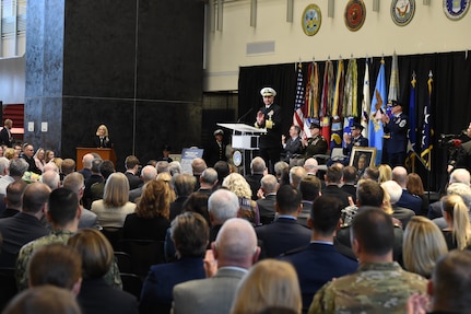 U.S. Navy Adm. Charles A. Richard, commander of U.S. Strategic Command (USSTRATCOM), provides closing remarks following USSTRATCOM's change of command ceremony at Offutt Air Force Base, Neb., Nov. 18, 2019. Richard comes to USSTRATCOM after serving as the commander of Submarine Forces; commander of Submarine Force Atlantic and commander of Allied Submarine Command at Naval Station Norfolk, Va. As a former deputy commander of USSTRATCOM, Richard understands the responsibilities of the command and its mission, as well as its role in the future for strategic deterrence. (U.S. Air Force photo by Staff Sgt. Ian Hoachlander)