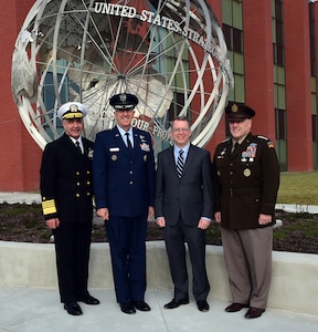 U.S. Navy Adm. Charles “Chas” A. Richard, U.S. Strategic Command (USSTRATCOM) commander; Gen. John Hyten, former USSTRACOM commander; the Honorable David L. Norquist, Deputy Secretary of Defense, and Gen. Mark A. Milley, Chairman of the Joint Chiefs of Staff, pose in front of the USSTRATCOM Command and Control Facility (C2F) at Offutt Air Force Base, Neb., Nov. 18, 2019. Norquist presided over the USSTRATCOM Change of Command ceremony where Hyten turned the command over to Richard. Both Norquist and Milley lauded Richard’s expertise, leadership and vision to lead USSTRATCOM into the future, and thanked Hyten for his leadership of the command over the past three years. U.S. Strategic Command (USSTRATCOM) is a global warfighting command and the ultimate guarantor of national and allied security with forces and capability that underpin and enable all other joint force operations. (U.S. Air Force photo by Master Sgt. April Wickes)