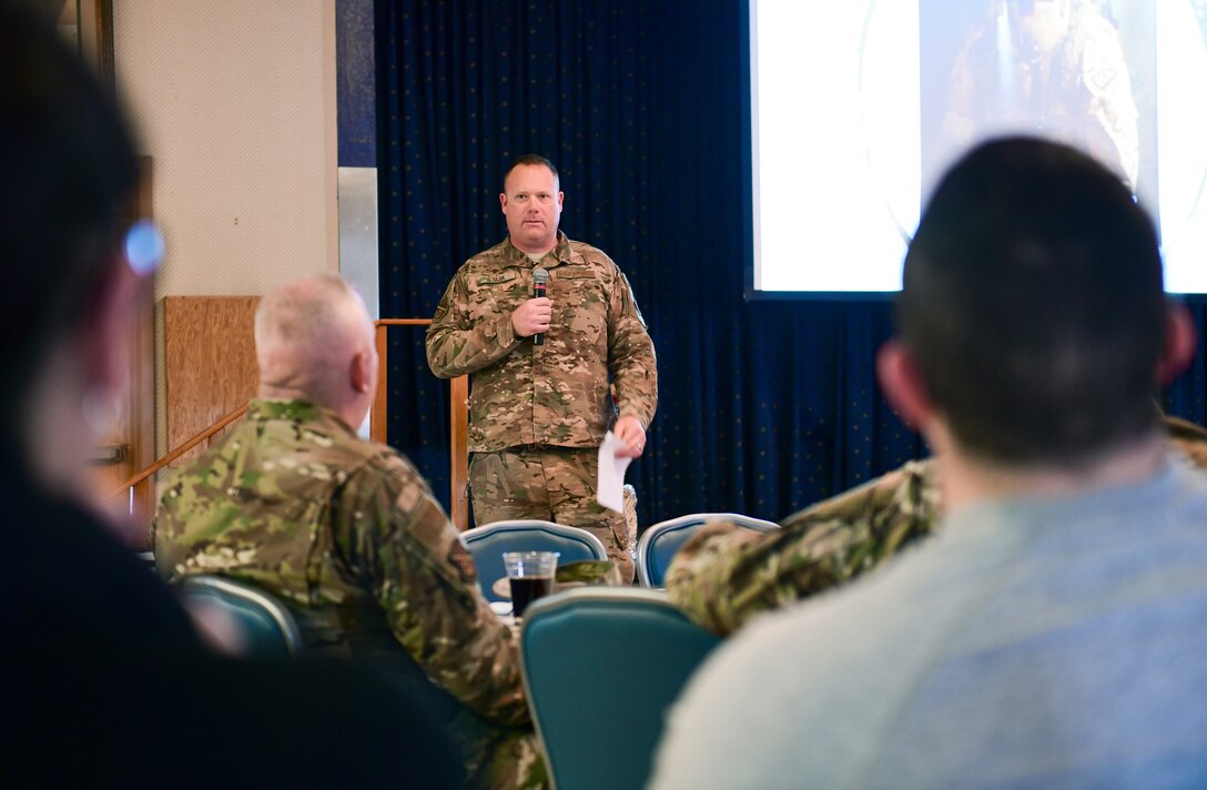 U.S. Air Force Senior Master Sgt. NAME, 377th Mission Support Group explosive ordnance disposal, tells his story of resilience during a Storytellers event at Kirtland Air Force Base, Nov. 15, 2019. The event was held to get people together and talk about resilience and hear the stories of those from around Team Kirtland. (U.S. Air Force photo by Staff Sgt. Kimberly Nagle)