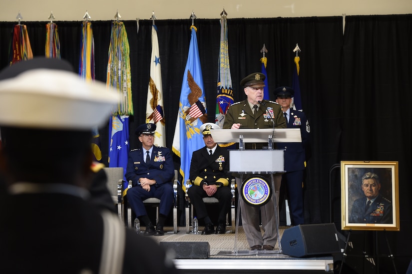 Army Gen. Mark A. Milley speaks at a lectern.