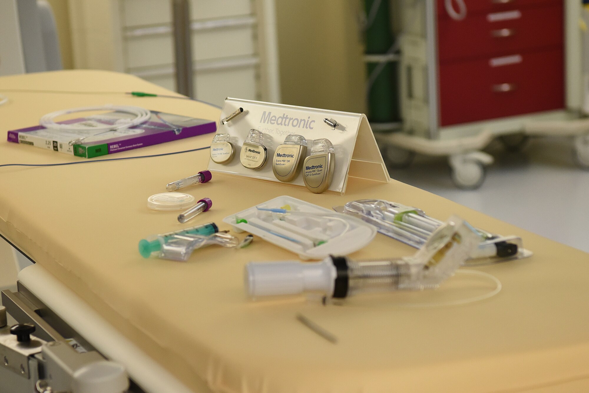 Medical equipment is displayed during the cardiac catheterization laboratory ribbon cutting ceremony inside Keesler Medical Center at Keesler Air Force Base, Mississippi, Nov. 15, 2019. The lab was upgraded with an entire suite of technology to provide better and safer care for patients and the surgical team. (U.S. Air Force photo by Senior Airman Suzie Plotnikov)