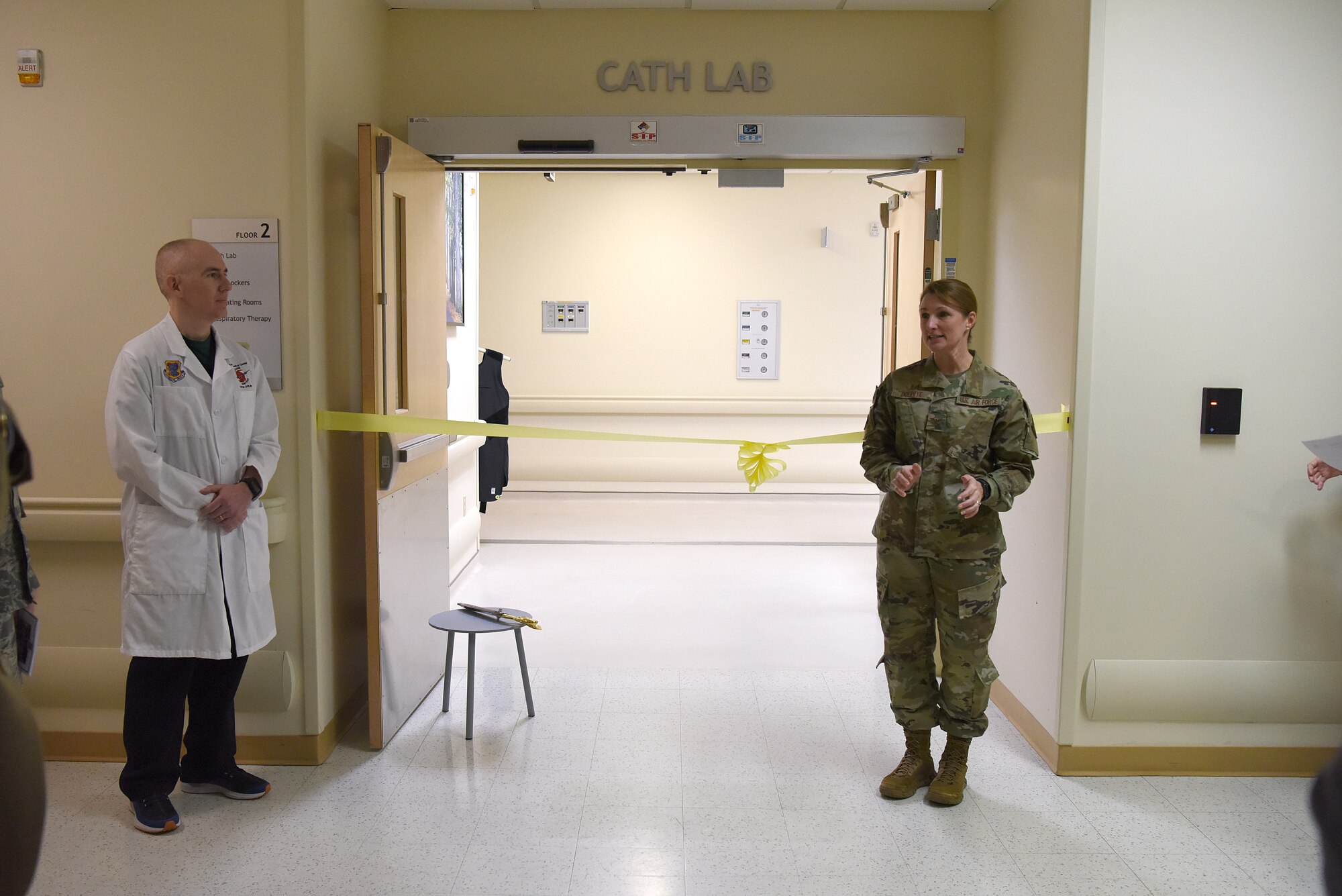 U.S. Air Force Col. Beatrice Dolihite, 81st Medical Group commander, makes remarks during the cardiac catheterization laboratory ribbon cutting ceremony inside Keesler Medical Center at Keesler Air Force Base, Mississippi, Nov. 15, 2019. The lab was upgraded with an entire suite of technology to provide better and safer care for patients and the surgical team. (U.S. Air Force photo by Senior Airman Suzie Plotnikov)
