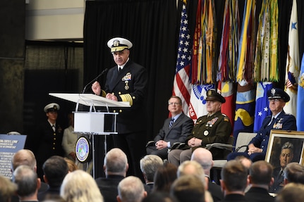 U.S. Navy Adm. Charles A. Richard, commander of U.S. Strategic Command (USSTRATCOM), provides closing remarks following USSTRATCOM's change of command ceremony at Offutt Air Force Base, Neb., Nov. 18, 2019. Richard comes to USSTRATCOM after serving as the commander of Submarine Forces; commander of Submarine Force Atlantic and commander of Allied Submarine Command at Naval Station Norfolk, Va. As a former deputy commander of USSTRATCOM, Richard understands the responsibilities of the command and its mission, as well as its role in the future for strategic deterrence. (U.S. Air Force photo by Staff Sgt. Ian Hoachlander)