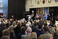 U.S. Navy Adm. Charles A. Richard, commander of U.S. Strategic Command (USSTRATCOM), provides closing remarks following USSTRATCOM's change of command ceremony at Offutt Air Force Base, Neb., Nov. 18, 2019. Richard comes to USSTRATCOM after serving as the commander of Submarine Forces; commander of Submarine Force Atlantic and commander of Allied Submarine Command at Naval Station Norfolk, Va. As a former deputy commander of USSTRATCOM, Richard understands the responsibilities of the command and its mission, as well as its role in the future for strategic deterrence. (U.S. Air Force photo by Staff Sgt. Ian Hoachlander)