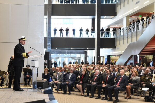 U.S. Navy Adm. Charles A. Richard, commander of U.S. Strategic Command (USSTRATCOM), provides closing remarks following USSTRATCOM's change of command ceremony at Offutt Air Force Base, Neb., Nov. 18, 2019. Richard comes to USSTRATCOM after serving as the commander of Submarine Forces; commander of Submarine Force Atlantic and commander of Allied Submarine Command at Naval Station Norfolk, Va. As a former deputy commander of USSTRATCOM, Richard understands the responsibilities of the command and its mission, as well as its role in the future for strategic deterrence. (U.S. Air Force photo by Staff Sgt. Ian Hoachlander)