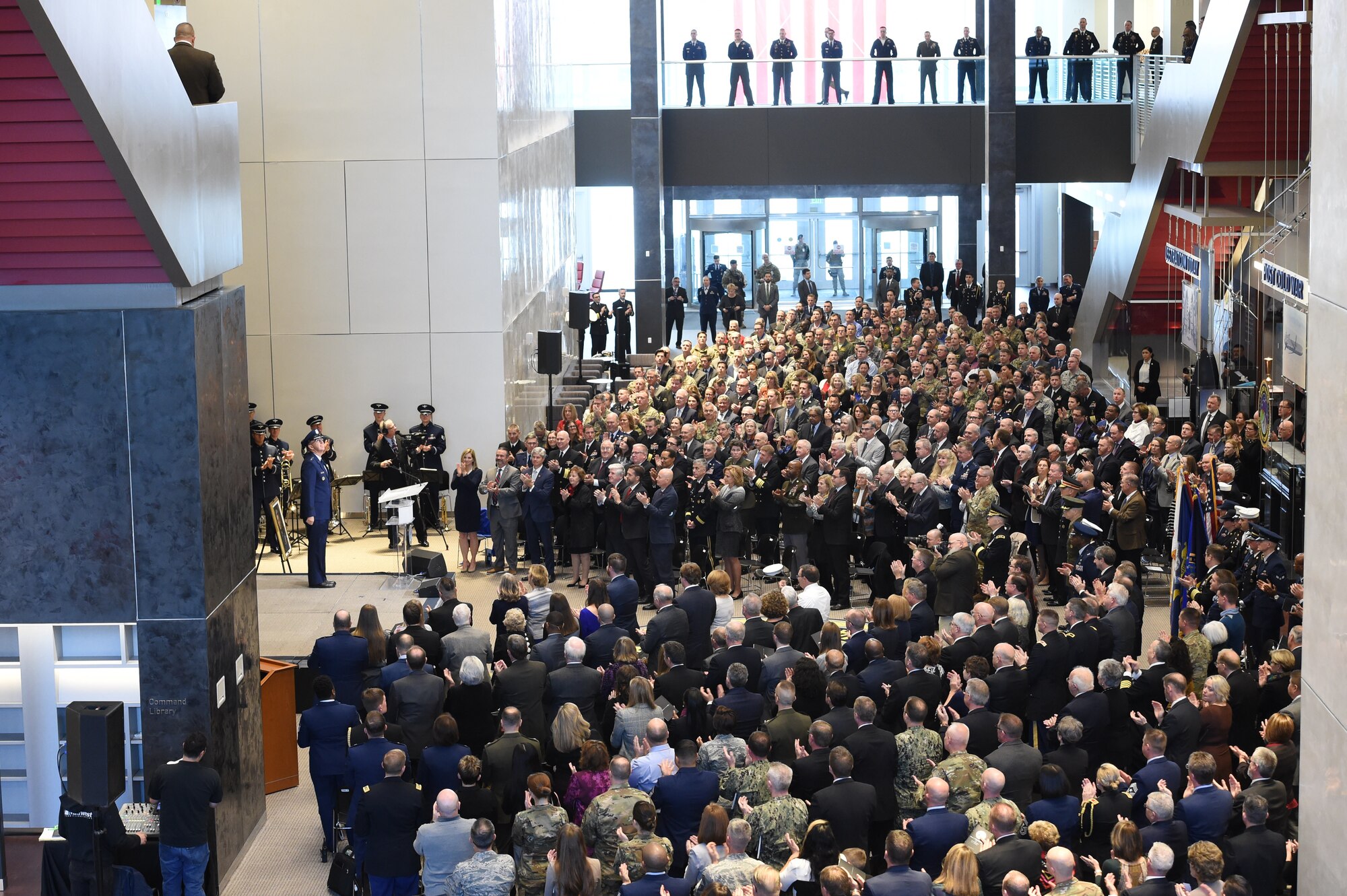 The audience gives U.S. Air Force Gen. John Hyten, outgoing commander of U.S. Strategic Command (USSTRATCOM), as standing ovation following his remarks during USSTRATCOM's change of command ceremony at Offutt Air Force Base, Neb., Nov. 18, 2019. USSTRATCOM is a global warfighting command and the ultimate guarantor of national and allied security with forces and capability that underpin and enable all other joint force operations. (U.S. Air Force photo by Staff Sgt. Ian Hoachlander)