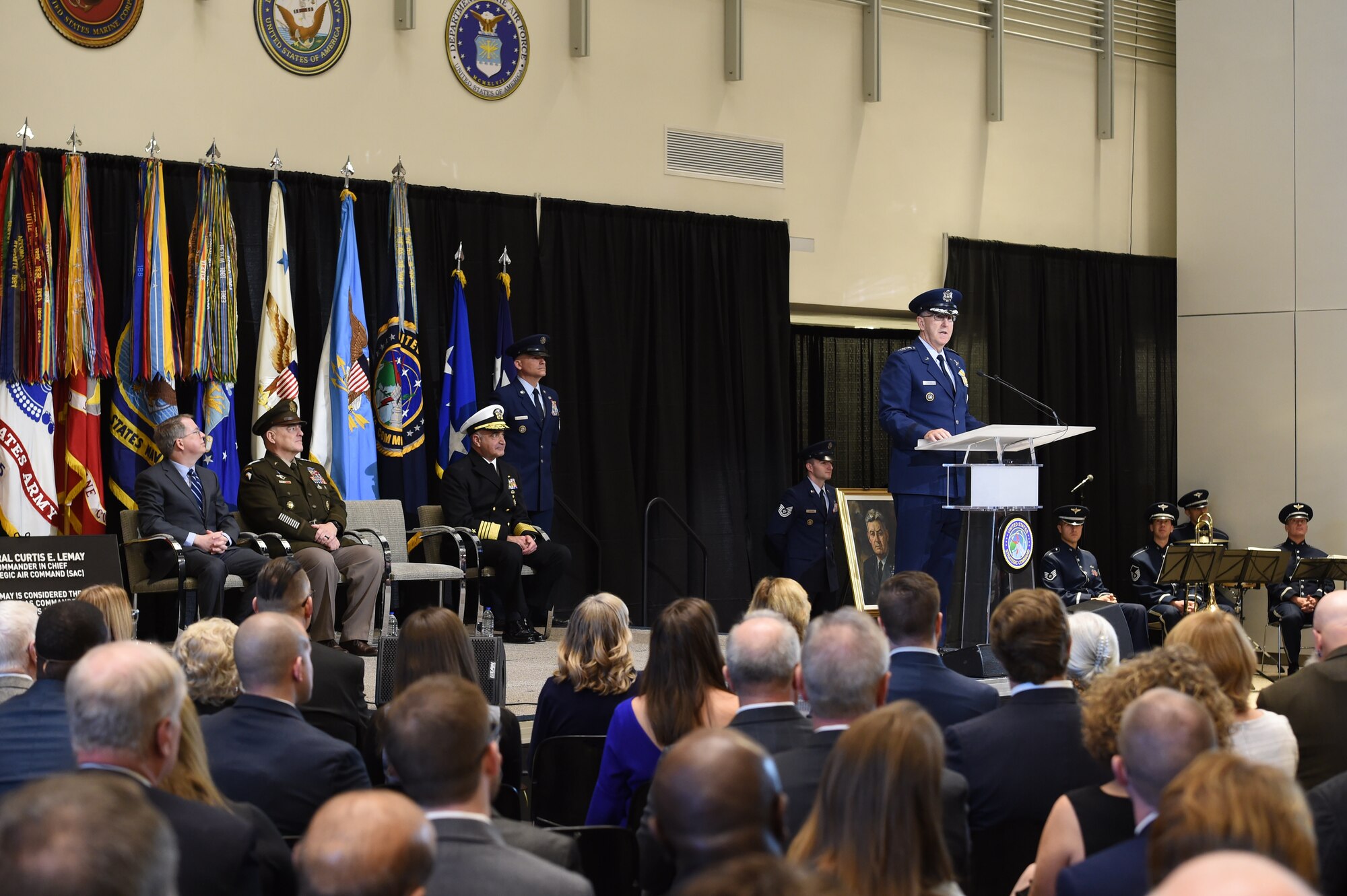U.S. Air Force Gen. John Hyten, outgoing commander of U.S. Strategic Command (USSTRATCOM), provides remarks during USSTRATCOM's change of command ceremony at Offutt Air Force Base, Neb., Nov. 18, 2019. USSTRATCOM is a global warfighting command and the ultimate guarantor of national and allied security with forces and capability that underpin and enable all other joint force operations. (U.S. Air Force photo by Staff Sgt. Ian Hoachlander)