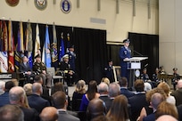 U.S. Air Force Gen. John Hyten, outgoing commander of U.S. Strategic Command (USSTRATCOM), provides remarks during USSTRATCOM's change of command ceremony at Offutt Air Force Base, Neb., Nov. 18, 2019. USSTRATCOM is a global warfighting command and the ultimate guarantor of national and allied security with forces and capability that underpin and enable all other joint force operations. (U.S. Air Force photo by Staff Sgt. Ian Hoachlander)
