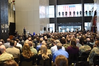 Deputy Secretary of Defense David L. Norquist speaks during U.S. Strategic Command's change of command ceremony at Offutt Air Force Base, Neb., Nov. 18, 2019. Norquist, who presided over the change of command, congratulated U.S. Navy Adm. Charles A. Richard on his appointment as the new commander. He also thanked U.S. Air Force Gen. John E. Hyten, the former commander, for his service. Richard comes to USSTRATCOM after serving as the commander of Submarine Forces, commander of Submarine Force Atlantic and commander of Allied Submarine Command at Naval Station Norfolk, Va. Hyten was confirmed in September to become the 11th vice chairman of the Joint Chiefs of Staff. (U.S. Air Force photo by Staff Sgt. Ian Hoachlander)