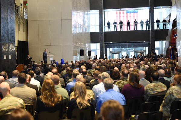 Deputy Secretary of Defense David L. Norquist speaks during U.S. Strategic Command's change of command ceremony at Offutt Air Force Base, Neb., Nov. 18, 2019. Norquist, who presided over the change of command, congratulated U.S. Navy Adm. Charles A. Richard on his appointment as the new commander. He also thanked U.S. Air Force Gen. John E. Hyten, the former commander, for his service. Richard comes to USSTRATCOM after serving as the commander of Submarine Forces, commander of Submarine Force Atlantic and commander of Allied Submarine Command at Naval Station Norfolk, Va. Hyten was confirmed in September to become the 11th vice chairman of the Joint Chiefs of Staff. (U.S. Air Force photo by Staff Sgt. Ian Hoachlander)