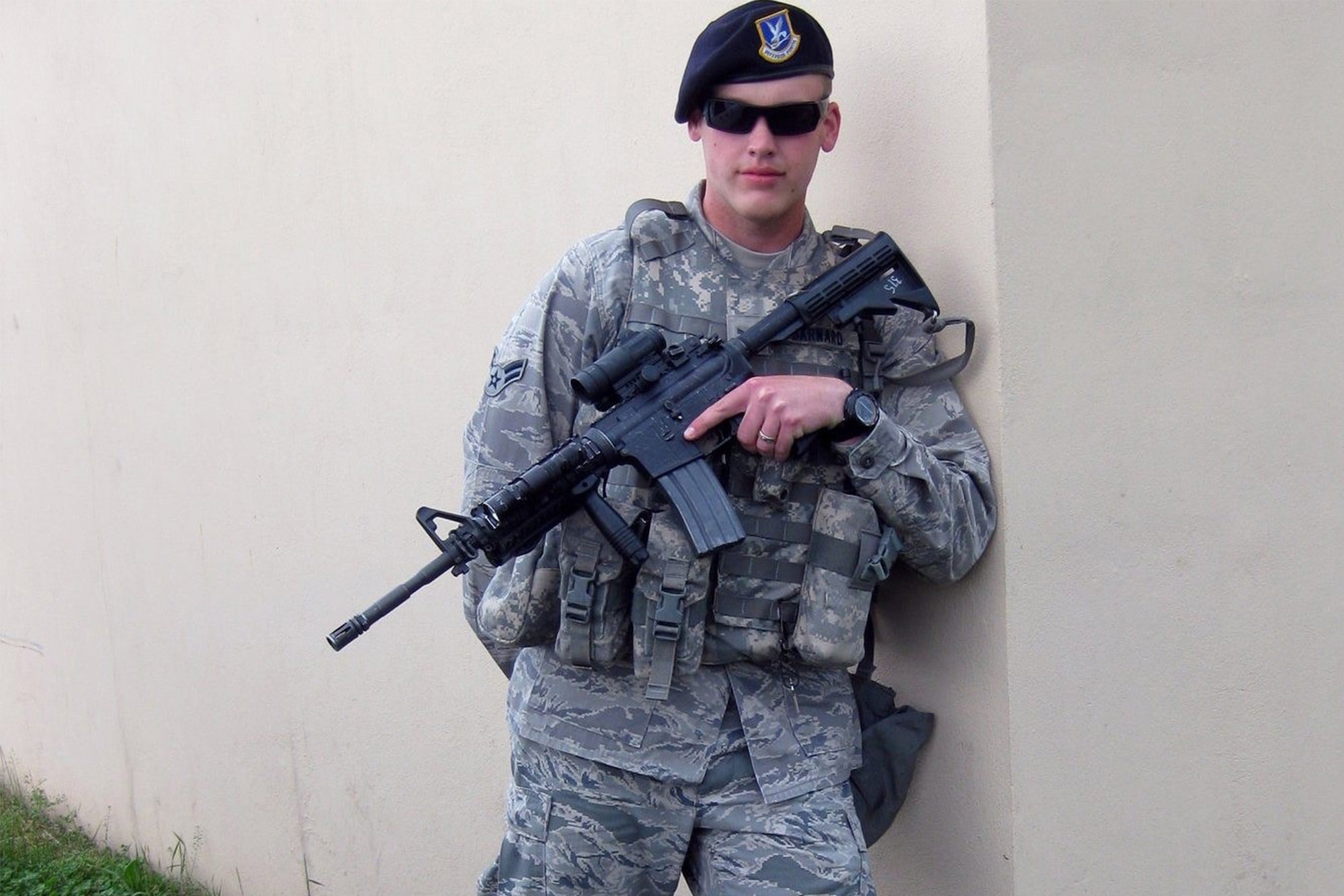 Then Airman 1st Class Clay Barnard, formerly a security forces member, poses for a photo.