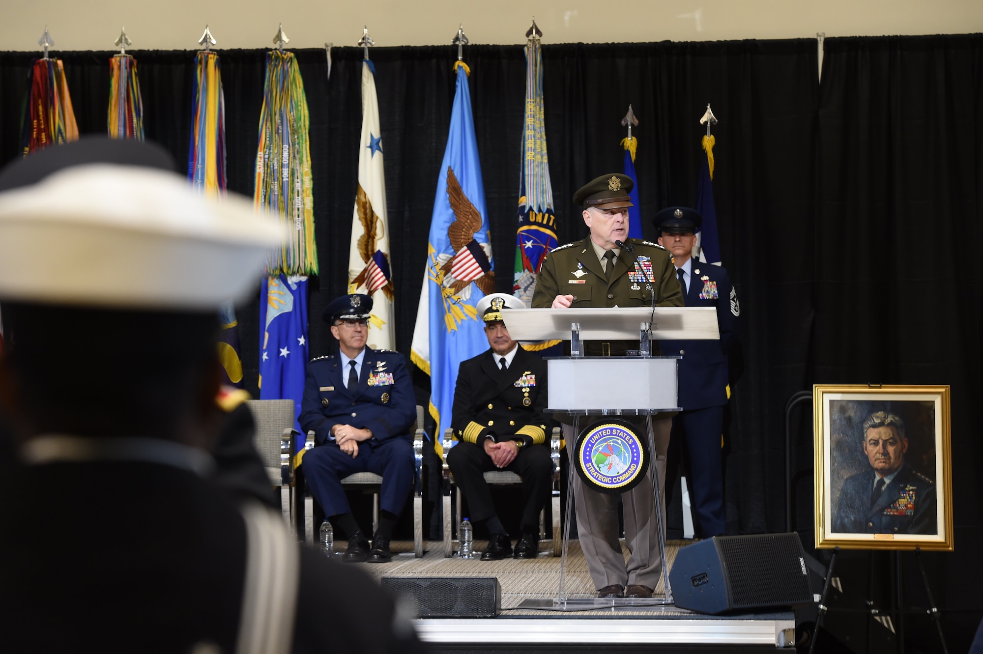 U.S. Army Gen. Mark A. Milley, chairman of the Joint Chiefs of Staff, provides remarks during USSTRATCOM's change of command ceremony at Offutt Air Force Base, Neb., Nov. 18, 2019. Milley congratulated U.S. Navy Adm. Charles A. Richard on his appointment as the new commander of USSTRATCOM. Richard comes to USSTRATCOM after serving as commander of Submarine Forces; commander of Submarine Force Atlantic and commander of Allied Submarine Command at Naval Station Norfolk, Va. (U.S. Air Force photo by Staff Sgt. Ian Hoachlander)