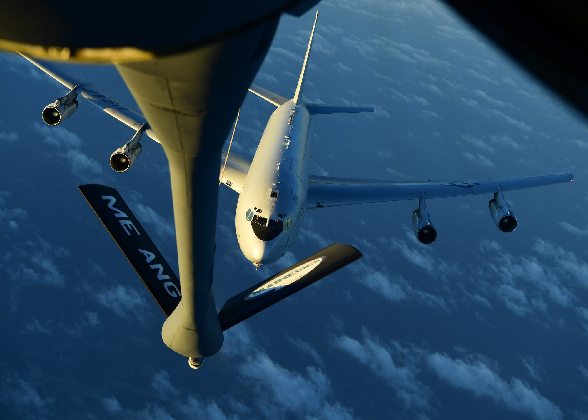 A U.S. Air Force E-8 Joint STARS, assigned to the 7th Expeditionary Airborne Command and Control Squadron, prepares to connect with a KC-135 Stratotanker, Sept. 28, 2019.