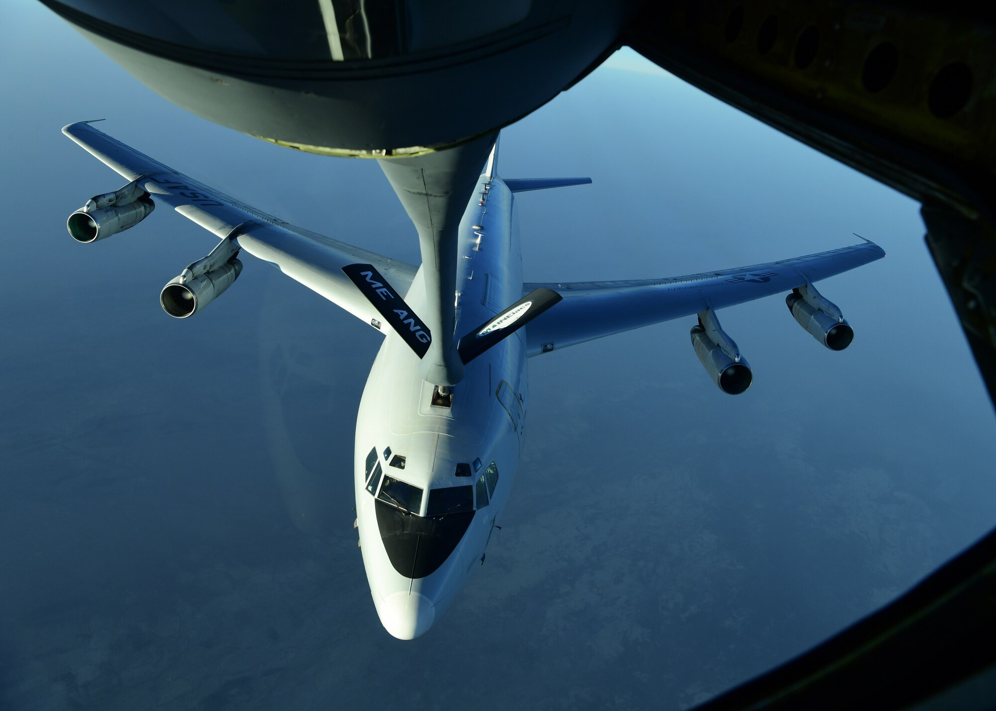 A U.S. Air Force E-8 Joint STARS, assigned to the 7th Expeditionary Airborne Command and Control Squadron, receives fuel from a KC-135 Stratotanker, Sept. 28, 2019.