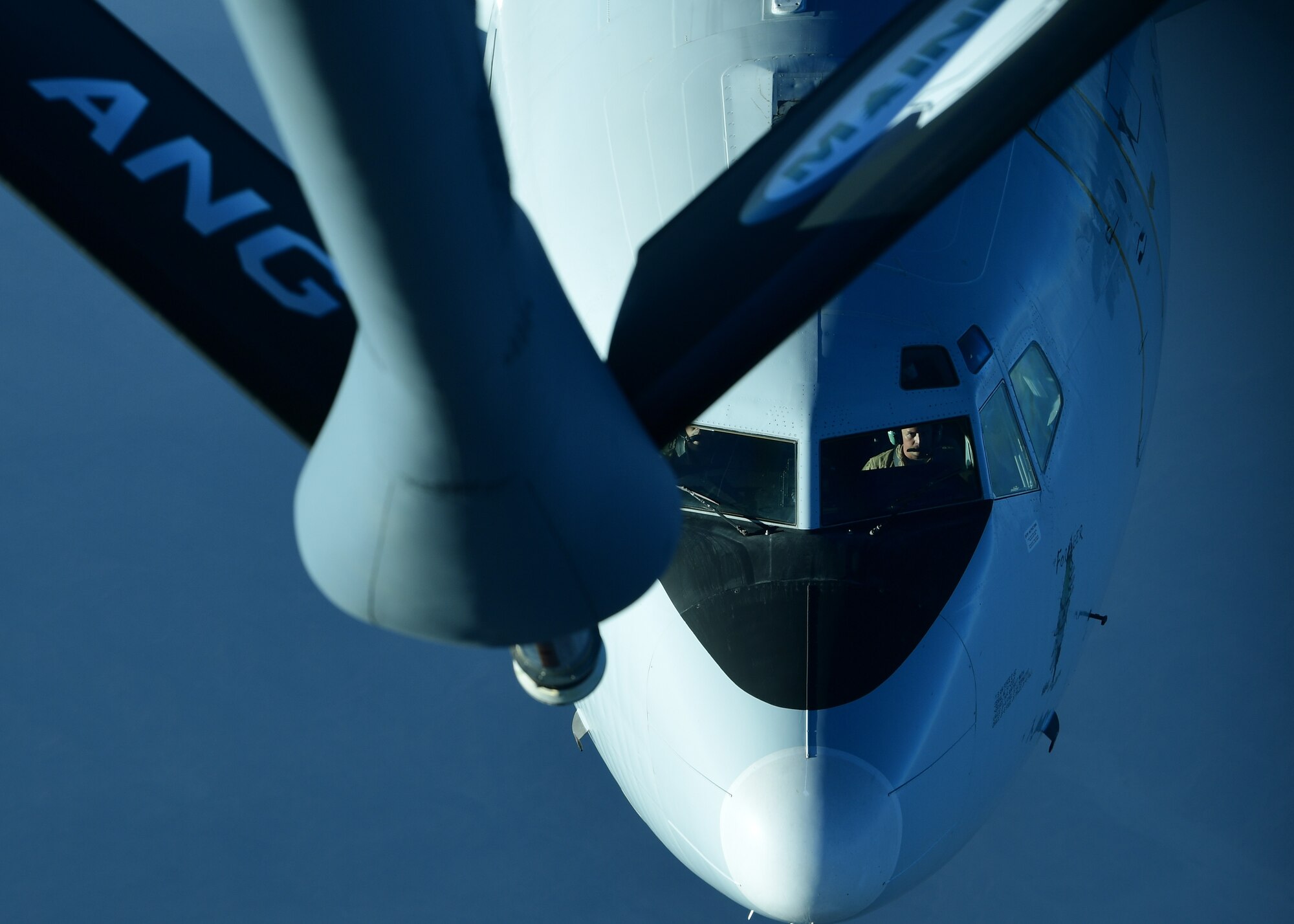 A U.S. Air Force E-8 Joint STARS, assigned to the 7th Expeditionary Airborne Command and Control Squadron, prepares to connect with a KC-135 Stratotanker, Sept. 28, 2019.