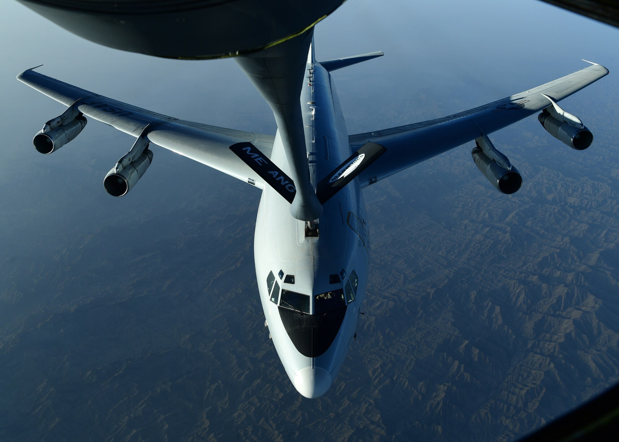 A U.S. Air Force E-8 Joint STARS, assigned to the 7th Expeditionary Airborne Command and Control Squadron, receives fuel from a KC-135 Stratotanker, Sept. 28, 2019.