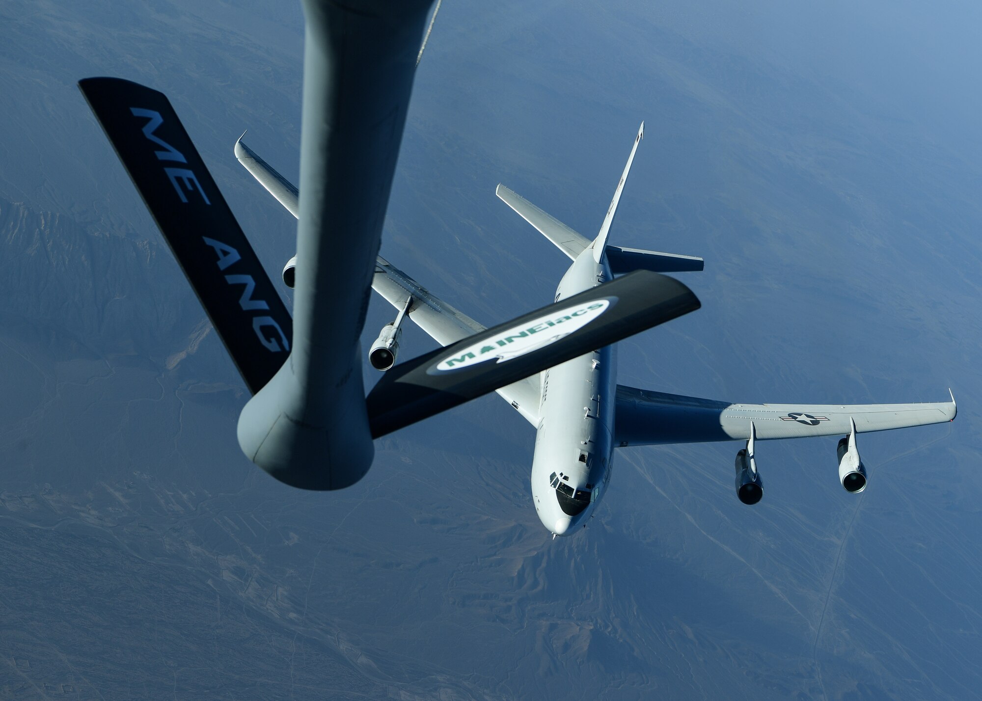 A U.S. Air Force E-8 Joint STARS, assigned to the 7th Expeditionary Airborne Command and Control Squadron, descends after receiving fuel from a KC-135 Stratotanker, Sept. 28, 2019.