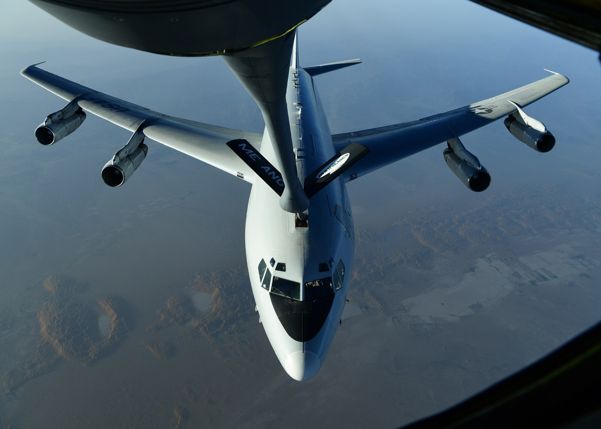 A U.S. Air Force E-8 Joint STARS, assigned to the 7th Expeditionary Airborne Command and Control Squadron, receives fuel from a KC-135 Stratotanker, Sept. 28, 2019.