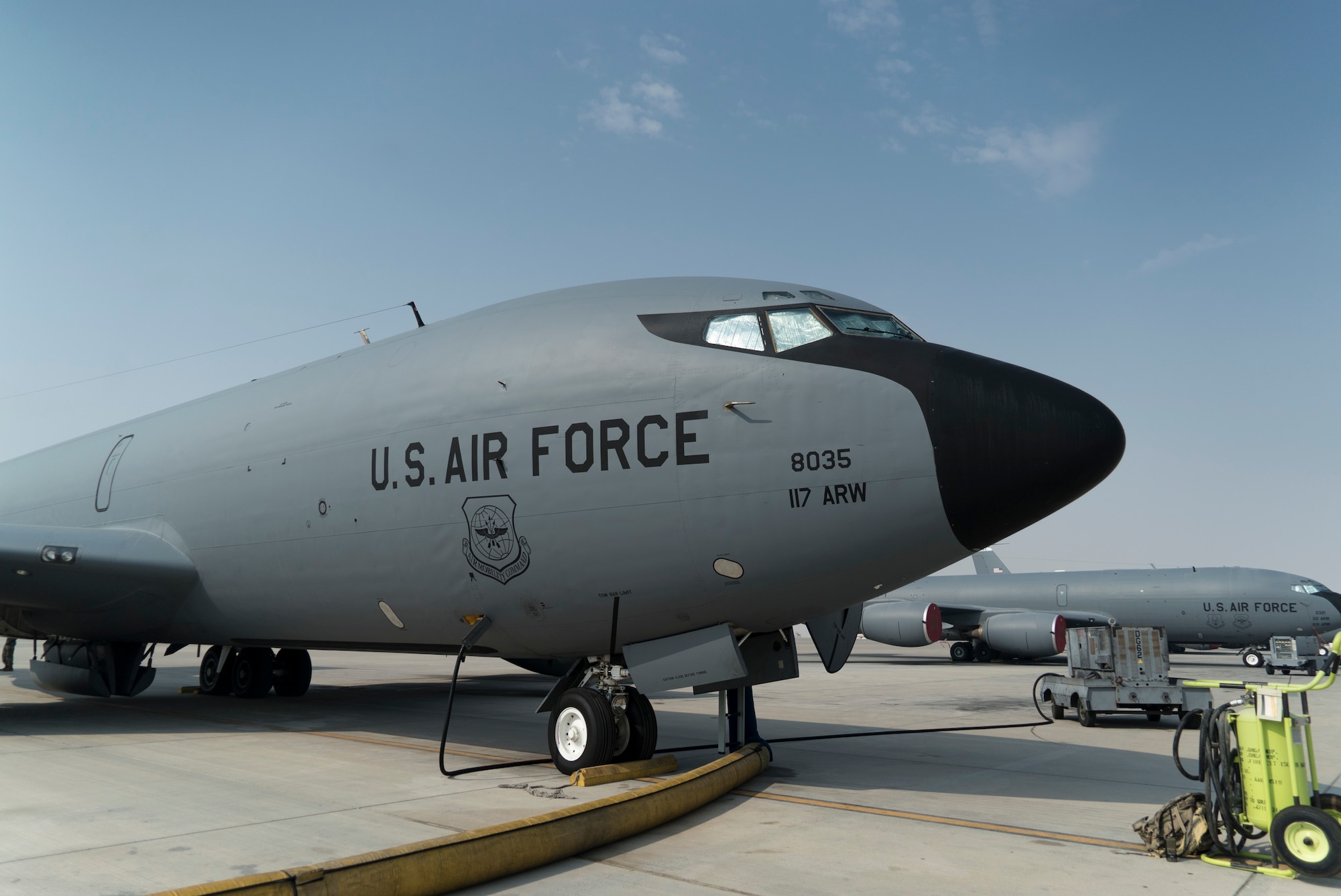 A U.S. Air Force KC-135 Stratotanker assigned to the 28th Expeditionary Air Refueling Squadron rests on the flight line at Al Udeid Air base, Qatar, October 4, 2019.
