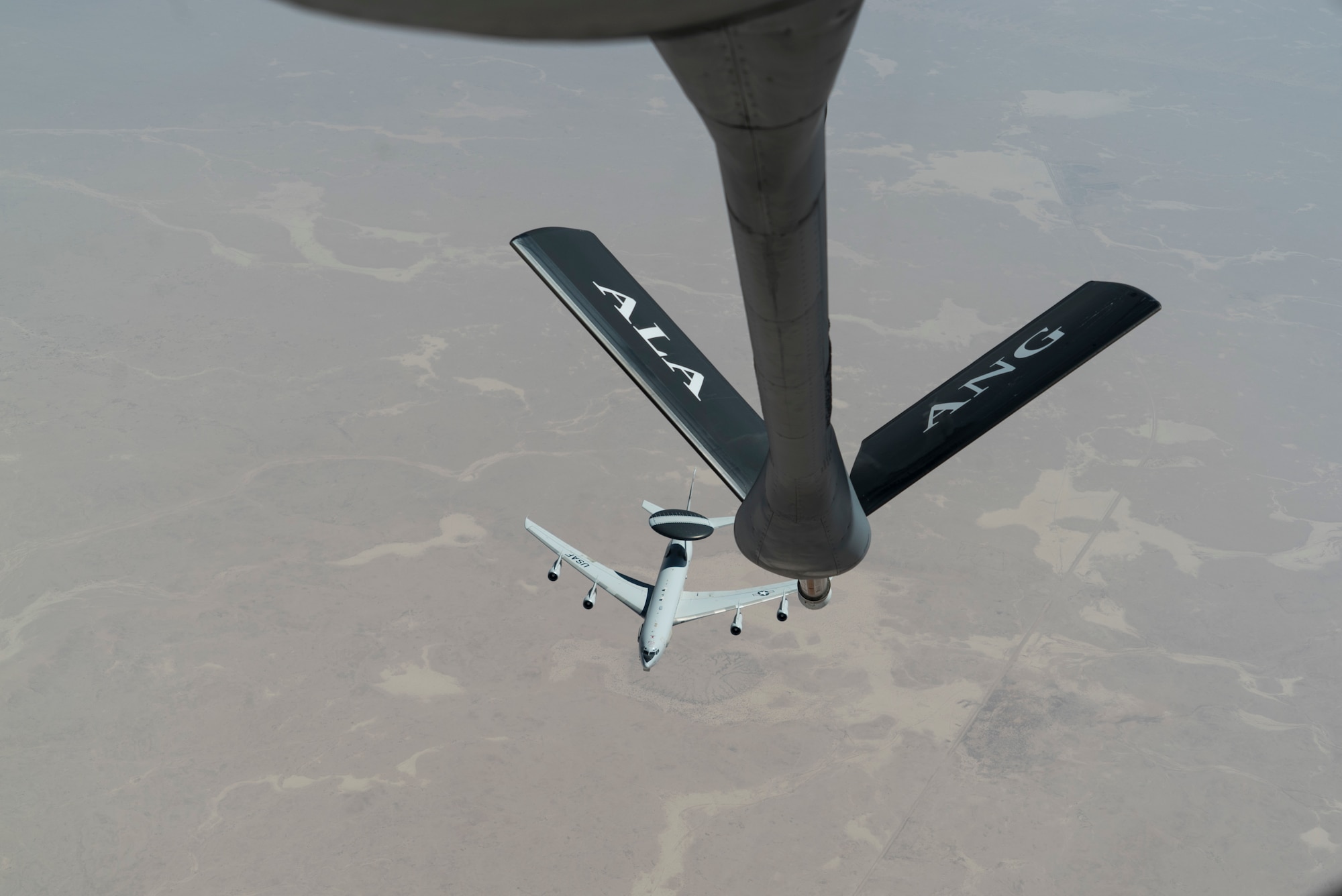 An E-3 Sentry Airborne Warning and Control System(AWACS) prepares for in-flight refueling from a KC-135 Stratotanker, October 4, 2019 over an undisclosed location.