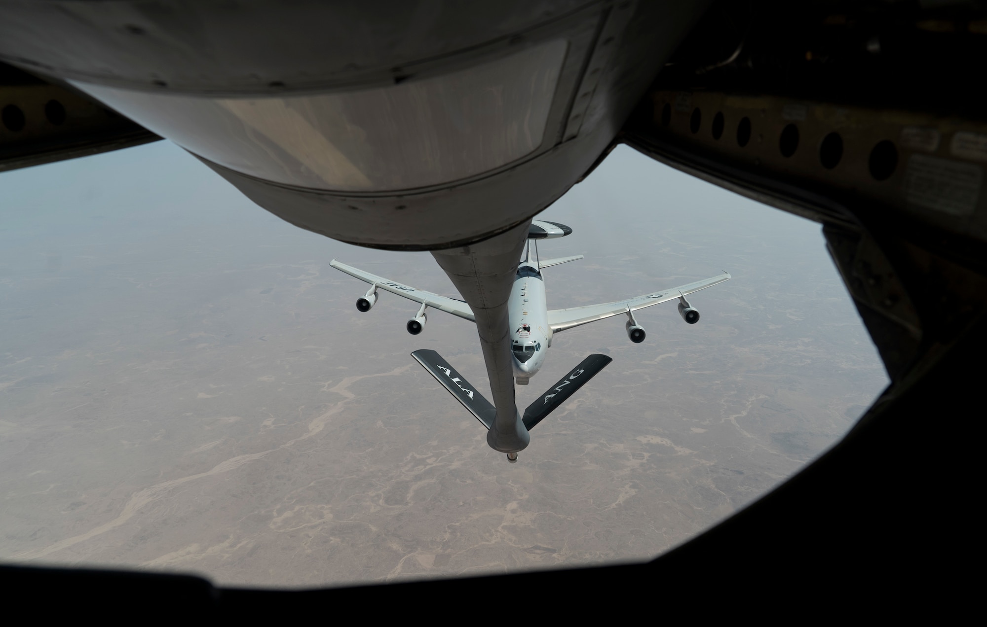 An E-3 Sentry Airborne Warning and Control System (AWACS) prepares for in-flight refueling from a KC-135 Stratotanker, October 4, 2019 over an undisclosed location.