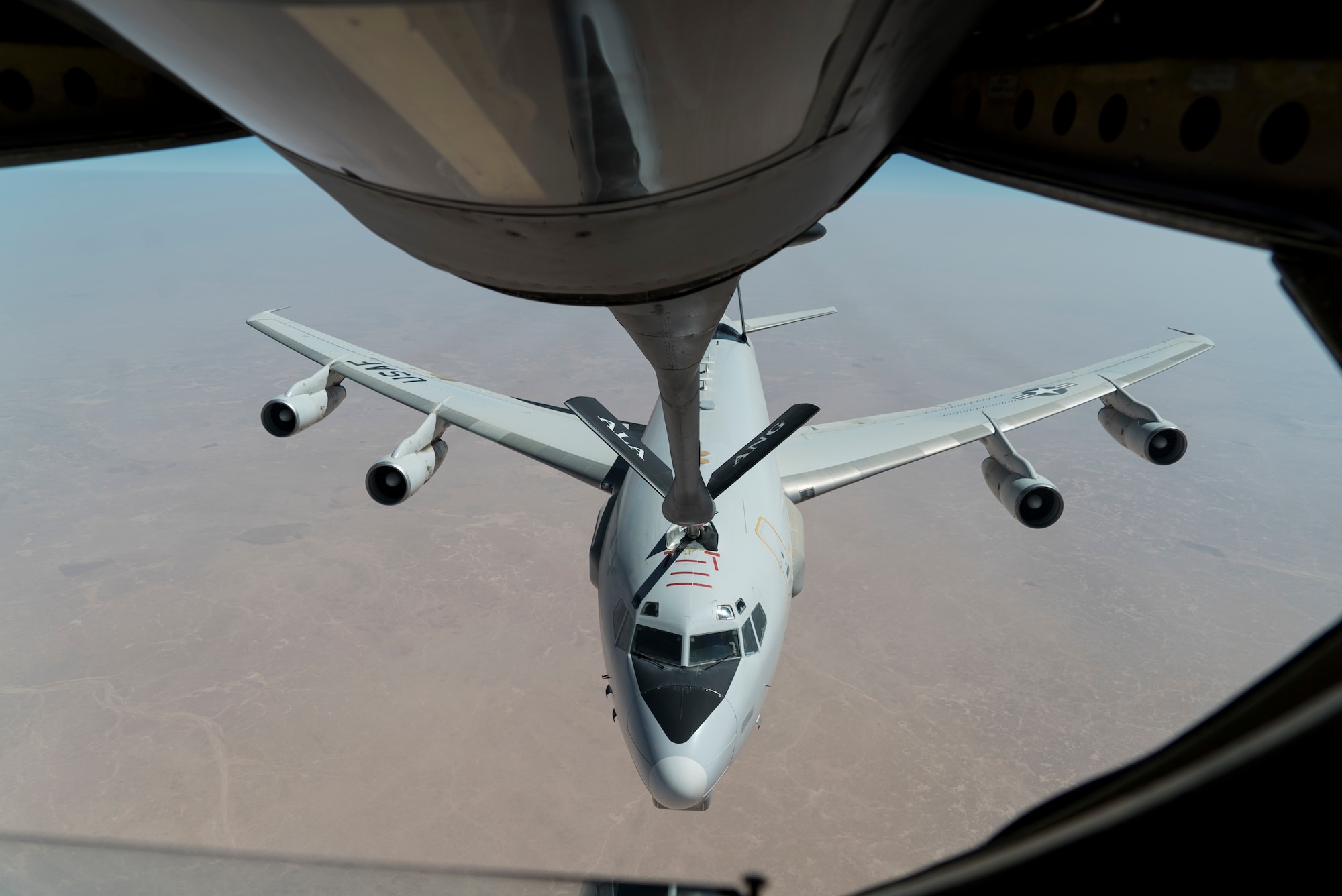 An E-3 Sentry Airborne Warning and Control System (AWACS) prepares for in-flight refueling from a KC-135 Stratotanker, October 4, 2019 over an undisclosed location.