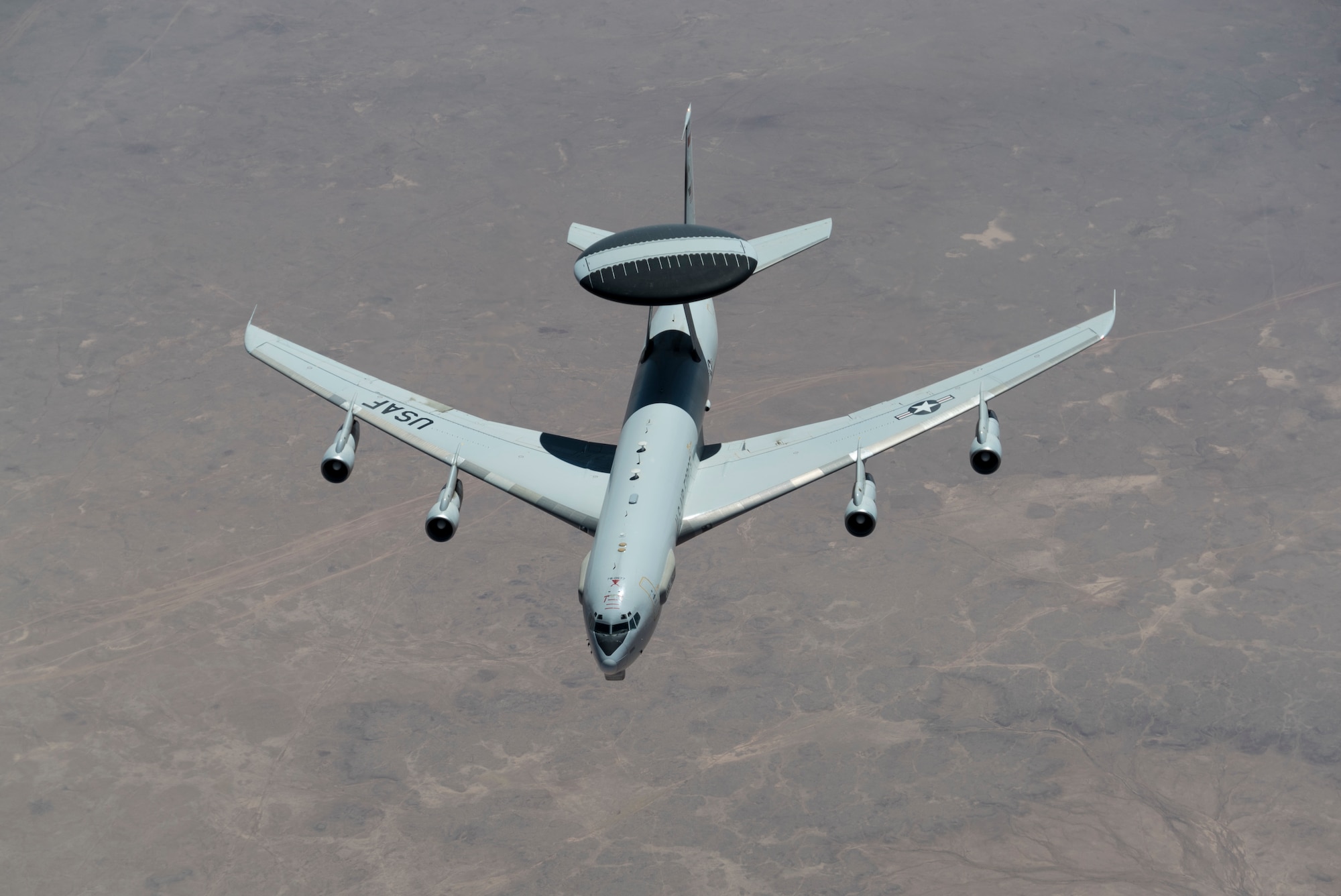 An E-3 Sentry Airborne Warning and Control System (AWACS) conducts a mission, Oct. 4, 2019 at an undisclosed location.