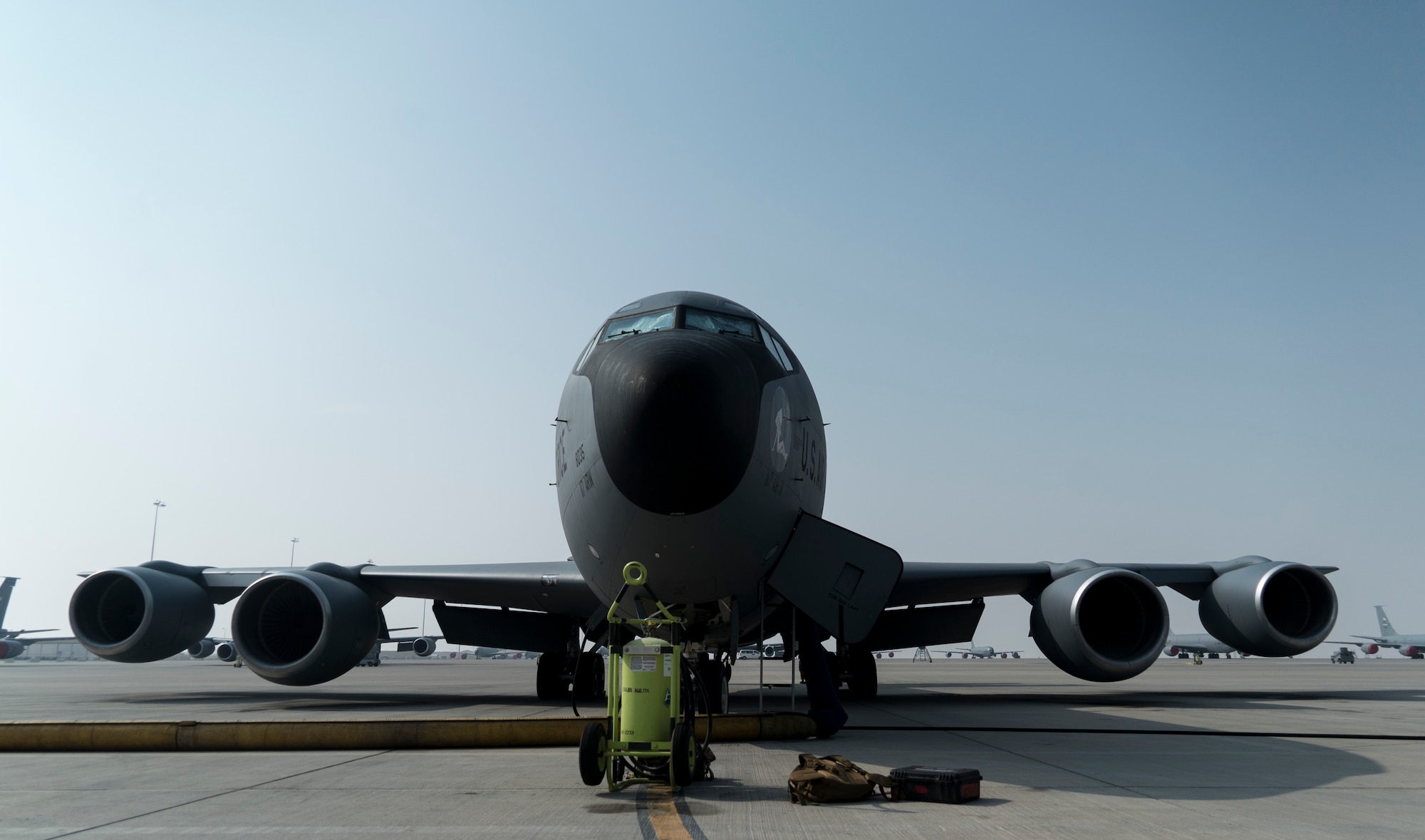 A U.S. Air Force KC-135 Stratotanker assigned to the 28th Expeditionary Air Refueling Squadron rests on the flight line at Al Udeid Air base, Qatar, October 4, 2019.