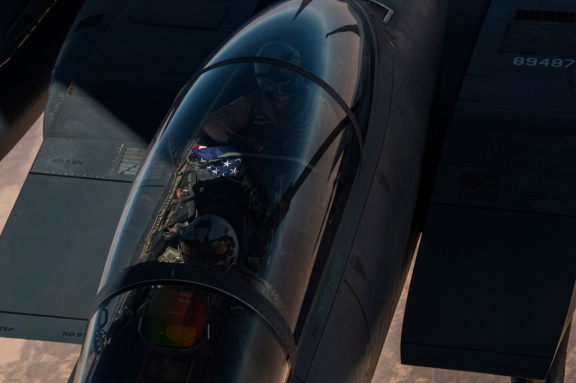 A U.S. Air Force F-15 Strike Eagle descends after receiving fuel from a KC-135 Stratotanker assigned to the 28th Expeditionary Air Refueling Squadron, Al Udeid Air Base, Qatar, above an undisclosed location, Oct. 10, 2019.