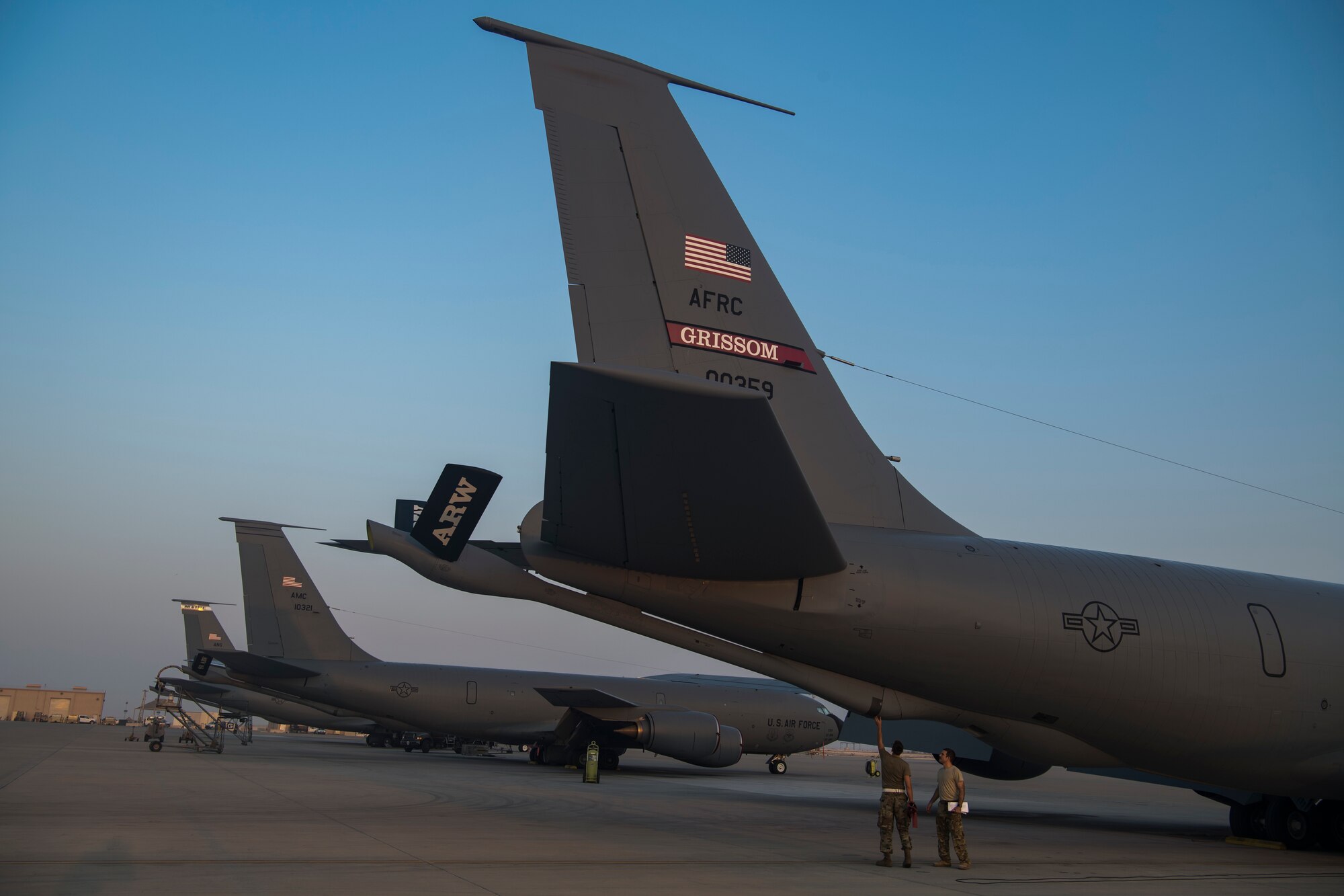 A U.S. Air Force pilot from the 28th Expeditionary Air Refueling Squadron performs a preflight check on a KC-135 Stratotanker at Al Udeid Air Base, Qatar, Oct. 10, 2019.