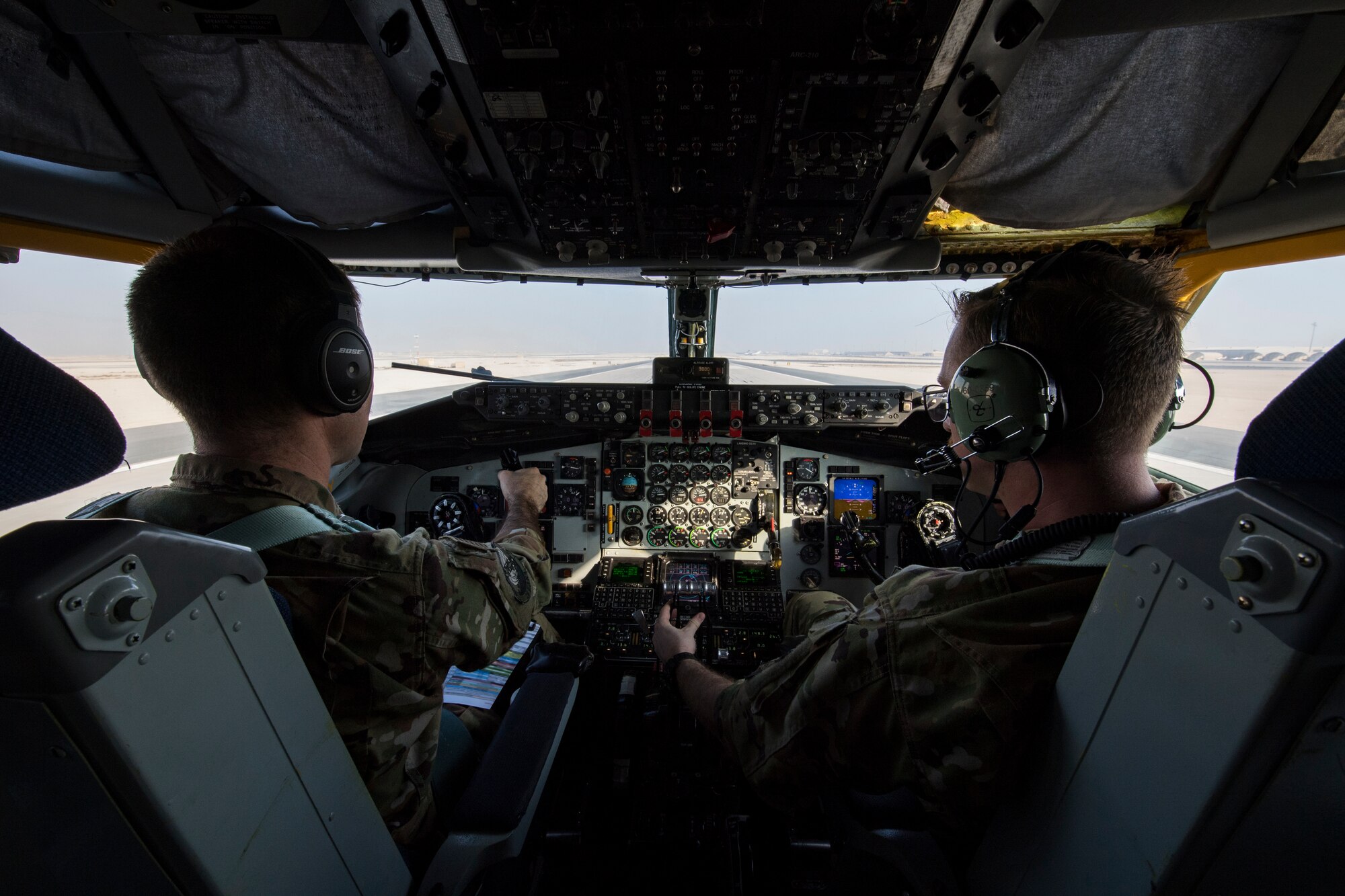 U.S. Air Force pilots from the 28th Expeditionary Air Refueling Squadron prepare to takeoff at Al Udeid Air Base, Qatar, Oct. 10, 2019.