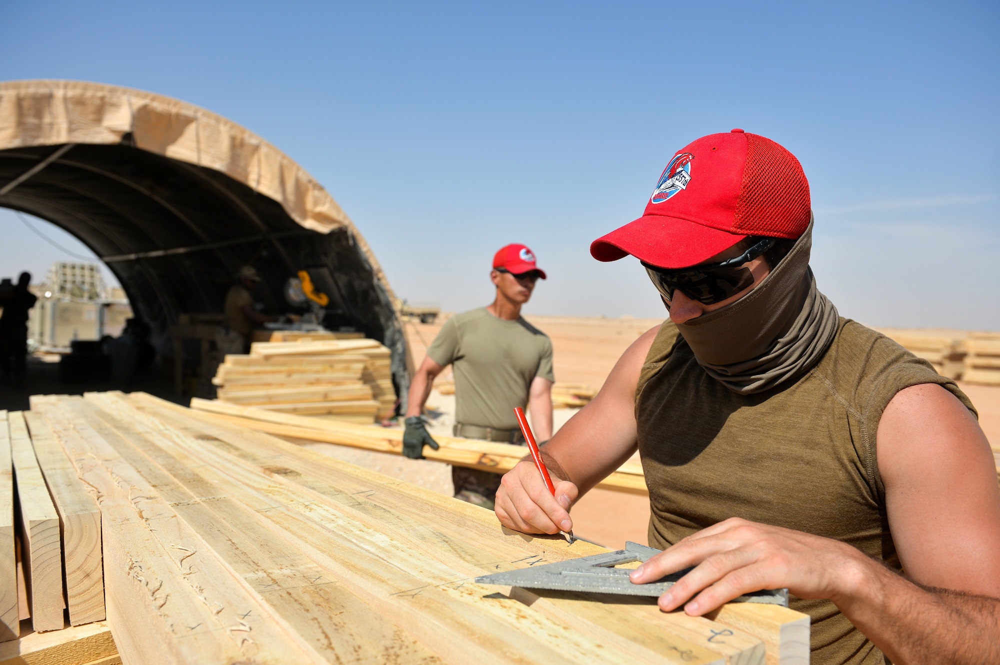U.S. Air Force Airmen with the 1st Expeditionary Civil Engineering Group, 90 tent floor structures at Prince Sultan Air Base (PSAB), Kingdom of Saudi Arabia (KSA), October 16, 2019.