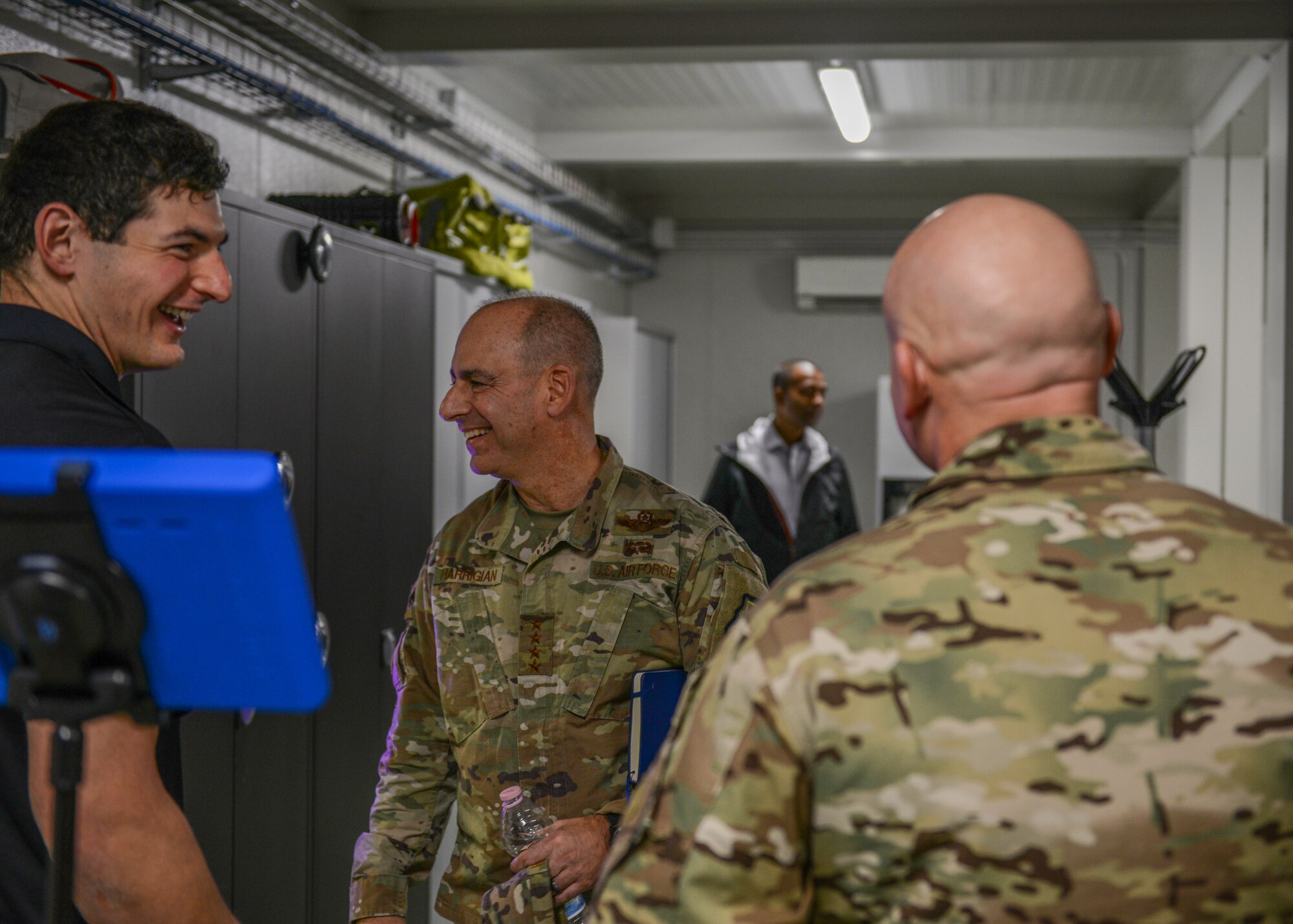 U.S. Air Force Gen. Jeffrey L. Harrigian, U.S. Air Forces in Europe and Air Forces Africa commander, speaks with members of the 31st Fighter Wing at Aviano Air Base, Italy, Nov. 15, 2019. Gen. Harrigian is responsible for the air and missile defense of 29 NATO alliance member nations while commanding U.S. airpower across more than 19 million square miles. (U.S. Air Force photo by Airman Thomas S. Keisler IV)