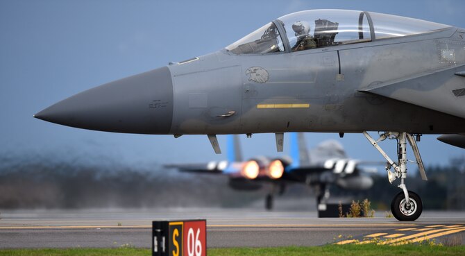 An F-15C Eagle assigned to the 493rd Fighter Squadron taxis on the flightline in support of  exercise Point Blank 19-8 at Royal Air Force Lakenheath, England, Nov. 14, 2019 The purpose of Point Blank is to exercise large force capabilities that incorporate current and future wartime scenarios. (U.S. Air Force photo by Airman 1st Class Madeline Herzog)