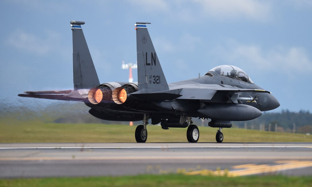 An F-15E Strike Eagle assigned to the 492nd Fighter Squadron takes off in support of exercise Point Blank 19-8 at Royal Air Force Lakenheath, England, Nov. 14, 2019. Participation in bilateral exercises enhances professional relationships and improves overall coordination with allies and partner militaries.(U.S. Air Force photo by Airman 1st Class Madeline Herzog)