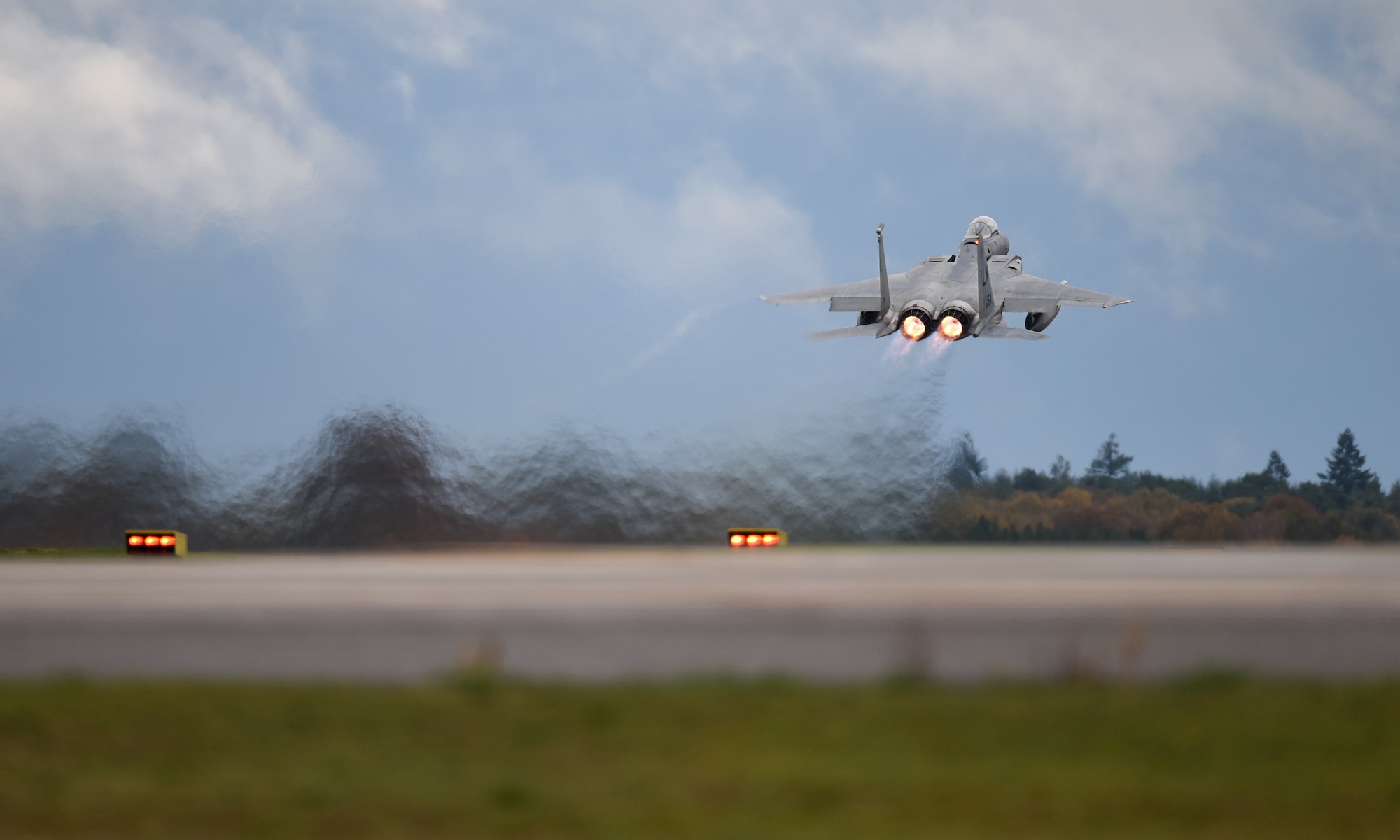 An F-15C Eagle assigned to the 493rd Fighter Squadron takes off in support of exercise Point Blank 19-8 at Royal Air Force Lakenheath, England, Nov. 14, 2019. The purpose of Point Blank is to exercise large force capabilities that incorporate current and future wartime scenarios. (U.S. Air Force photo by Airman 1st Class Madeline Herzog)