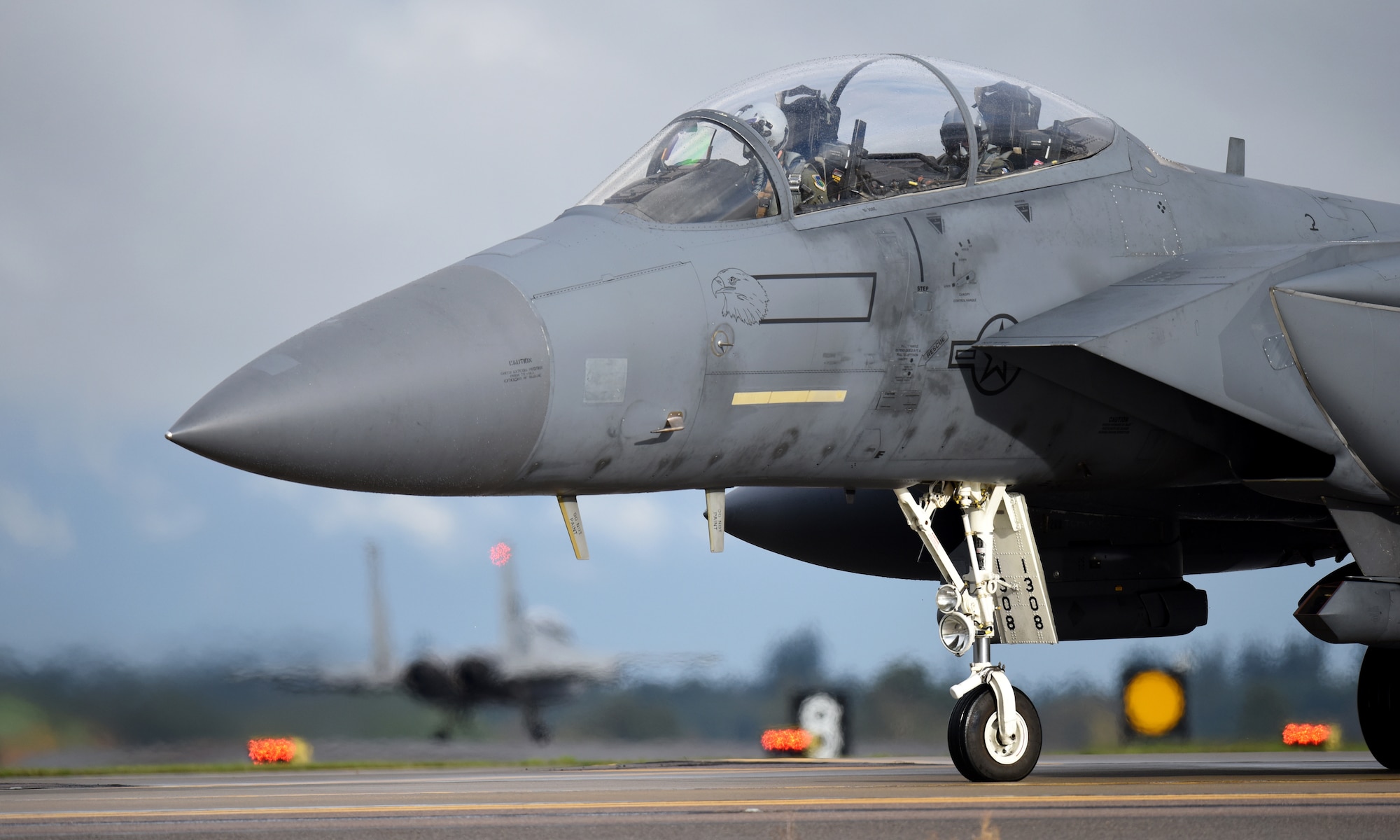 An F-15E Strike Eagle assigned to the 492nd Fighter Squadron taxis on the flightline in support of exercise Point Blank 19-8 at Royal Air Force Lakenheath, England, Nov. 14, 2019. The purpose of Point Blank is to exercise large force capabilities that incorporate current and future wartime scenarios.  (U.S. Air Force photo by Airman 1st Class Madeline Herzog)