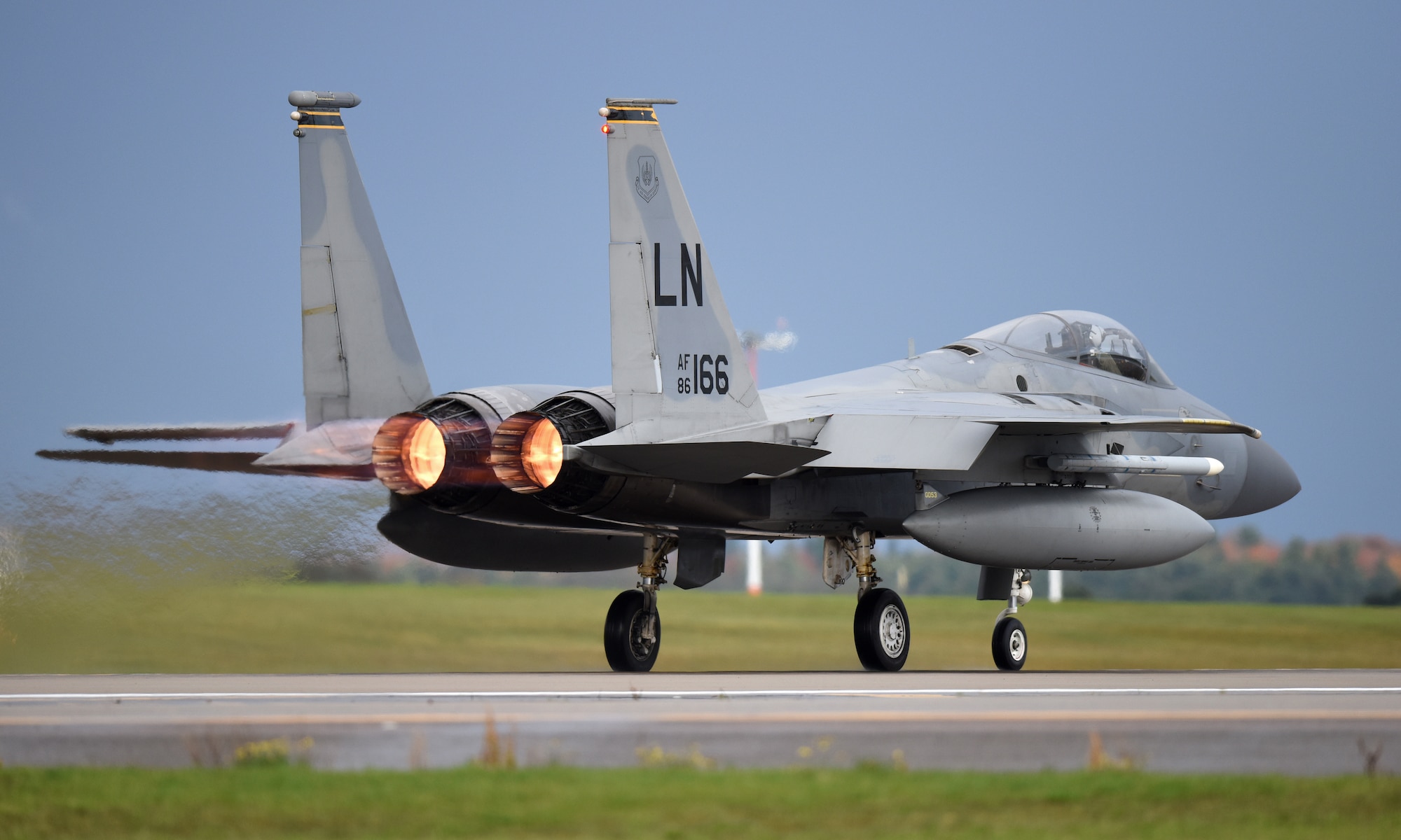 An F-15C Eagle assigned to the 493rd Fighter Squadron takes off in support of exercise Point Blank 19-8 at Royal Air Force Lakenheath, England, Nov. 14, 2019. The purpose of Point Blank is to exercise large force capabilities that incorporate current and future wartime scenarios.  (U.S. Air Force photo by Airman 1st Class Madeline Herzog)