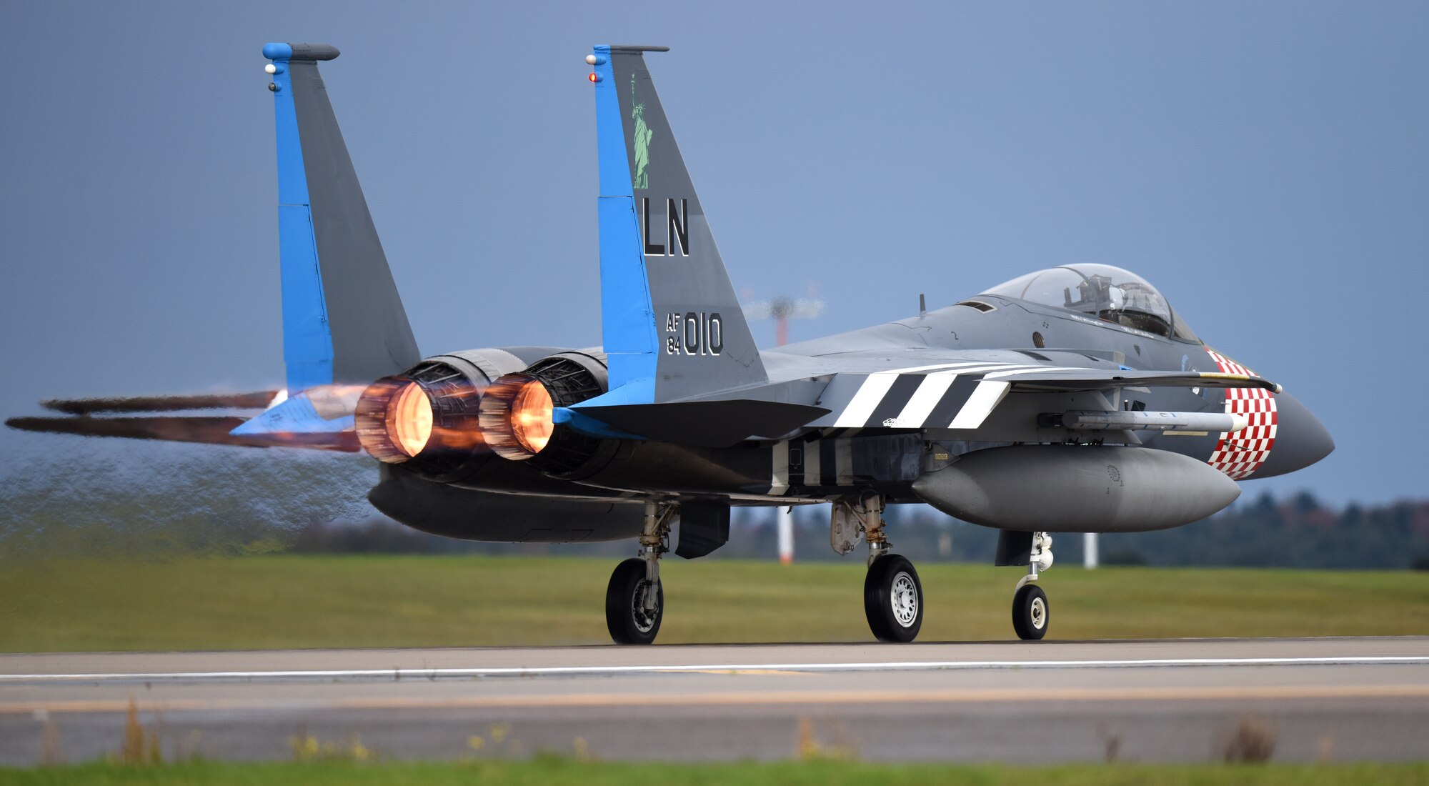 An F-15C Eagle assigned to the 493rd Fighter Squadron takes off in support of exercise Point Blank 19-8 at Royal Air Force Lakenheath, England, Nov. 14, 2019. The purpose of Point Blank is to exercise large force capabilities that incorporate current and future wartime scenarios. (U.S. Air Force photo by Airman 1st Class Madeline Herzog)