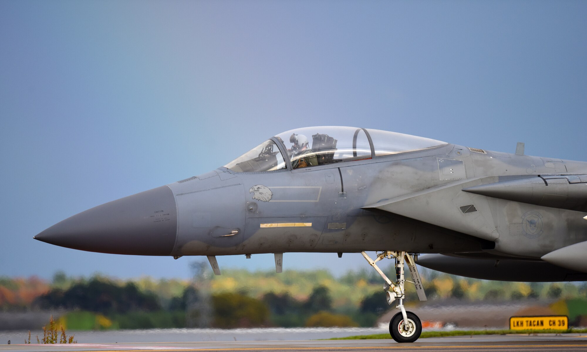 An F-15C Eagle assigned to the 493rd Fighter Squadron taxis on the flightline in support of  exercise Point Blank 19-8 at Royal Air Force Lakenheath, England, Nov. 14, 2019 The purpose of Point Blank is to exercise large force capabilities that incorporate current and future wartime scenarios. (U.S. Air Force photo by Airman 1st Class Madeline Herzog)