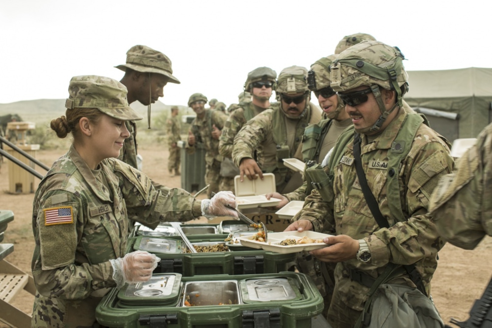 Soldiers assigned to 1st Armored Division receive meals during the Iron Focus exercise. In addition to physical exercise, proper nutrition plays a major role in overall health, fitness, and training for the Army Combat Fitness Test, says an Army dietitian.