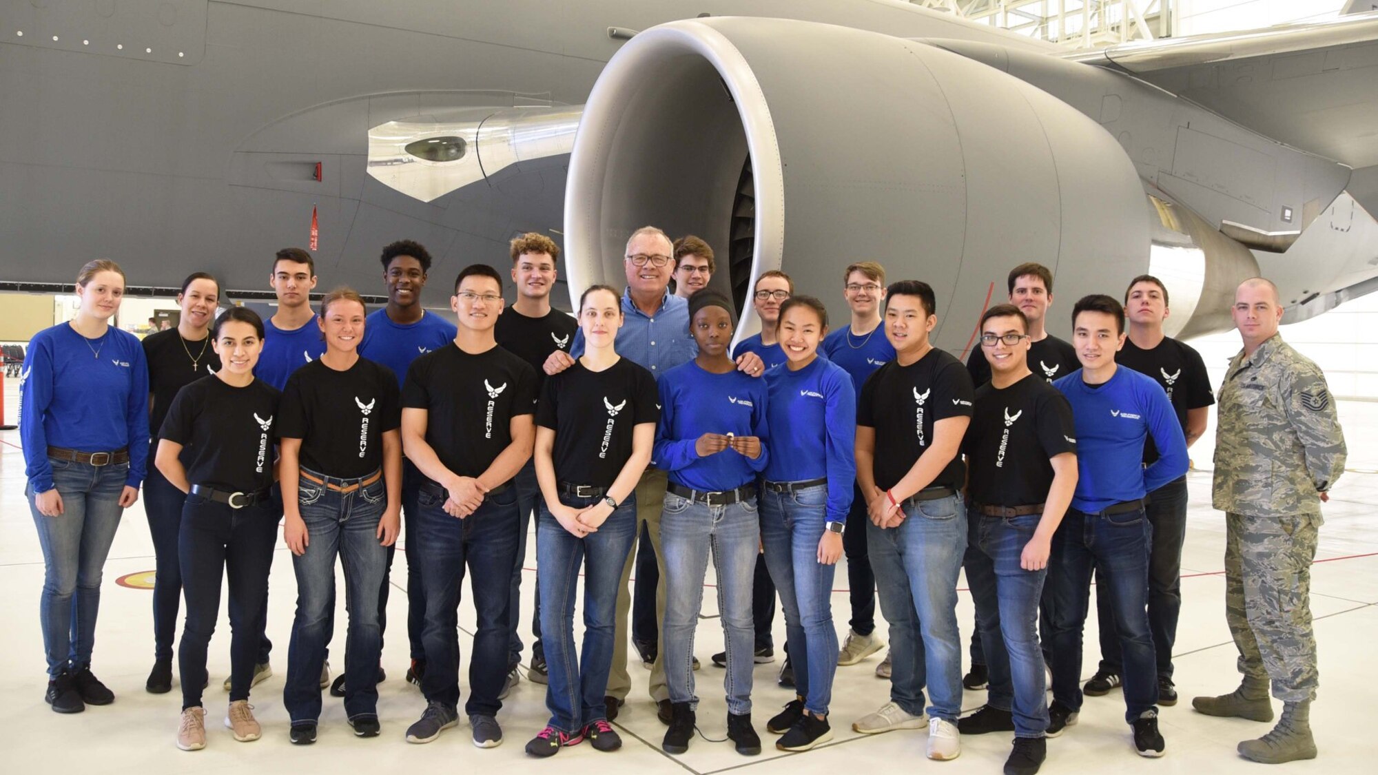 (Far right) Tech. Sgt. Travis Hallinger, 931st Air Refueling Wing Development and Training Flight chief, poses with members of the D&TF in front of a KC-46A Pegasus during a Unit Training Assembly, Feb. 2, 2019.  The D&TF, which was founded at McConnell more than seven years ago, is a Reserve program which helps prepare future Airmen for BMT and assists them with making the transition from civilian to military life