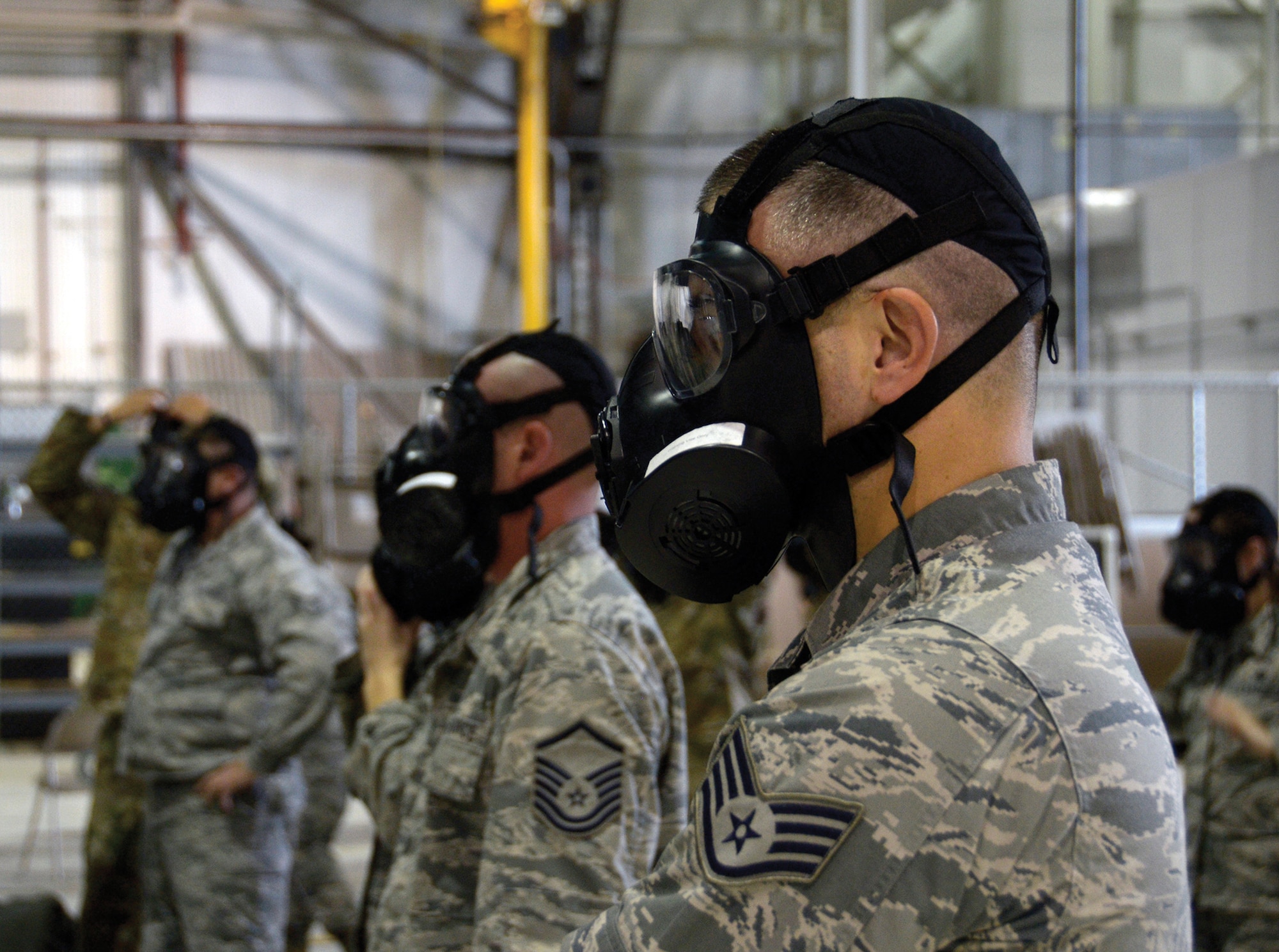 Airmen with the 445th Airlift Wing participate in chemical, biological, radiological and nuclear (CBRN) training Oct. 6, 2019, at Wright Patterson Air Force Base, Ohio. CBRN training equips airmen with the skills needed to operate in an environment that has been corrupted by chemical, biological, radiological or nuclear contaminants. The training involves the use of the M50 protective mask and other protective equipment, and the airmen involved with the training practice using this equipment to better prepare them to tackle the mission.