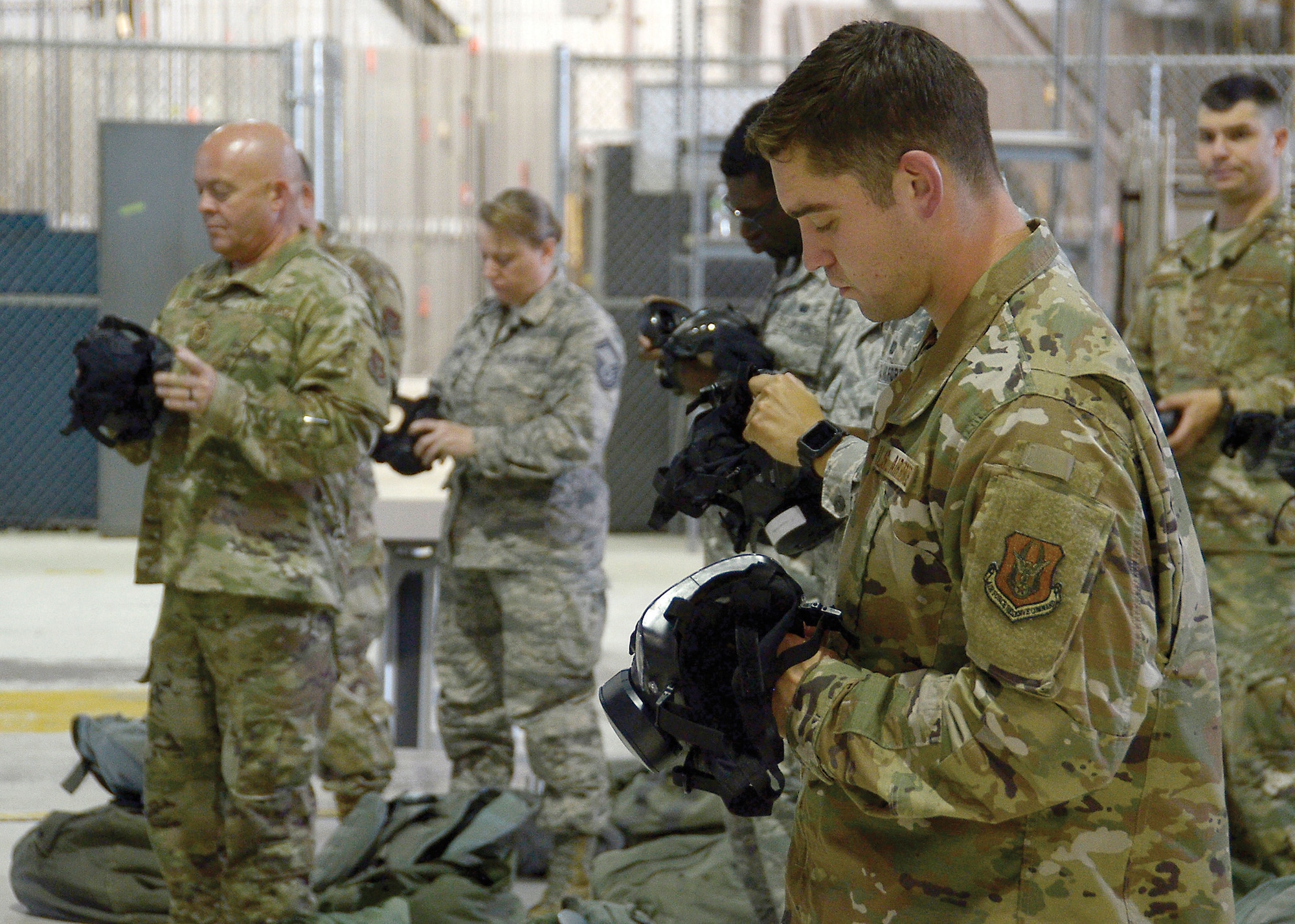 Airmen with the 445th Airlift Wing participate in chemical, biological, radiological and nuclear (CBRN) training Oct. 6, 2019, at Wright Patterson Air Force Base, Ohio. CBRN training equips airmen with the skills needed to operate in an environment that has been corrupted by chemical, biological, radiological or nuclear contaminants. The training involves the use of the M50 protective mask and other protective equipment, and the airmen involved with the training practice using this equipment to better prepare them to tackle the mission.