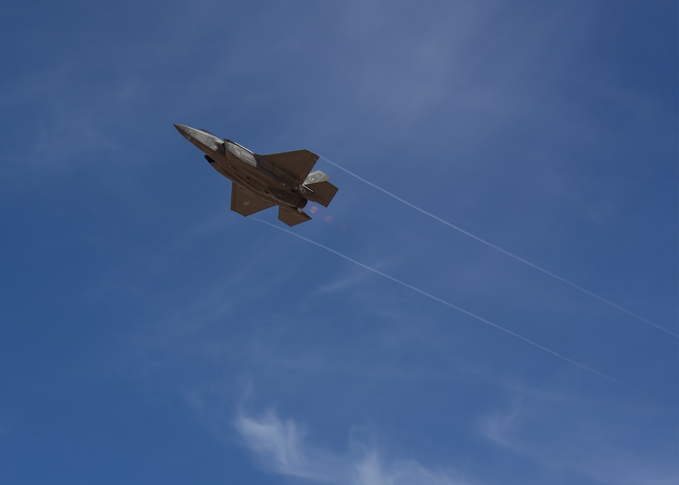 An F-35A Lightning II performs a demonstration of force for Luke Air Force Base honorary commanders Nov. 14, 2019, at the Barry M. Goldwater Range, Ariz.