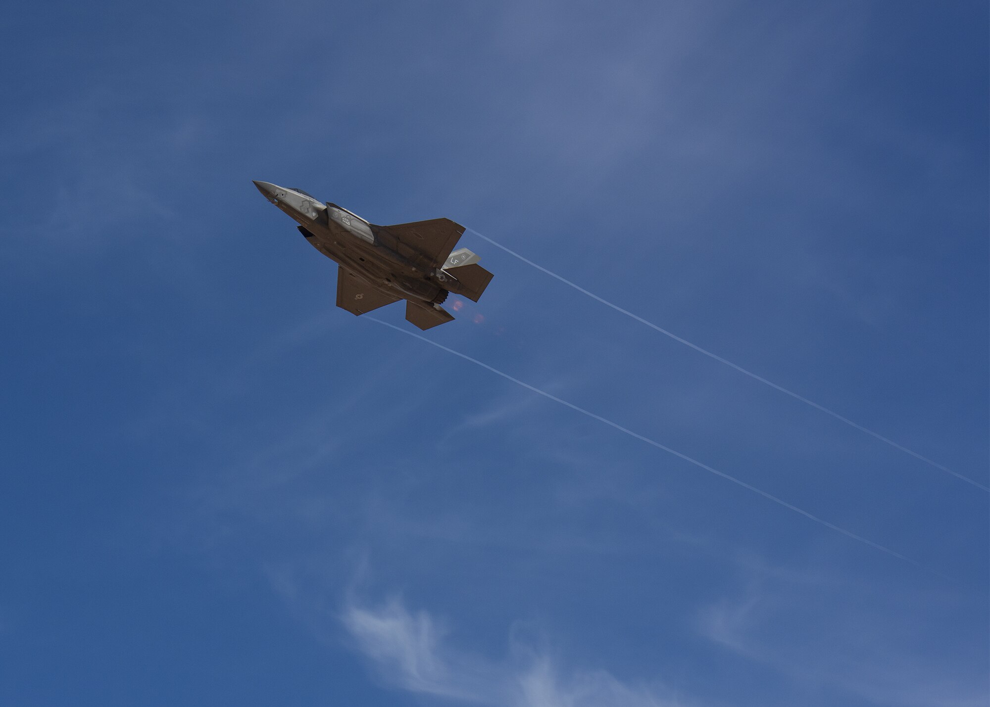 An F-35A Lightning II performs a demonstration of force for Luke Air Force Base honorary commanders Nov. 14, 2019, at the Barry M. Goldwater Range, Ariz.