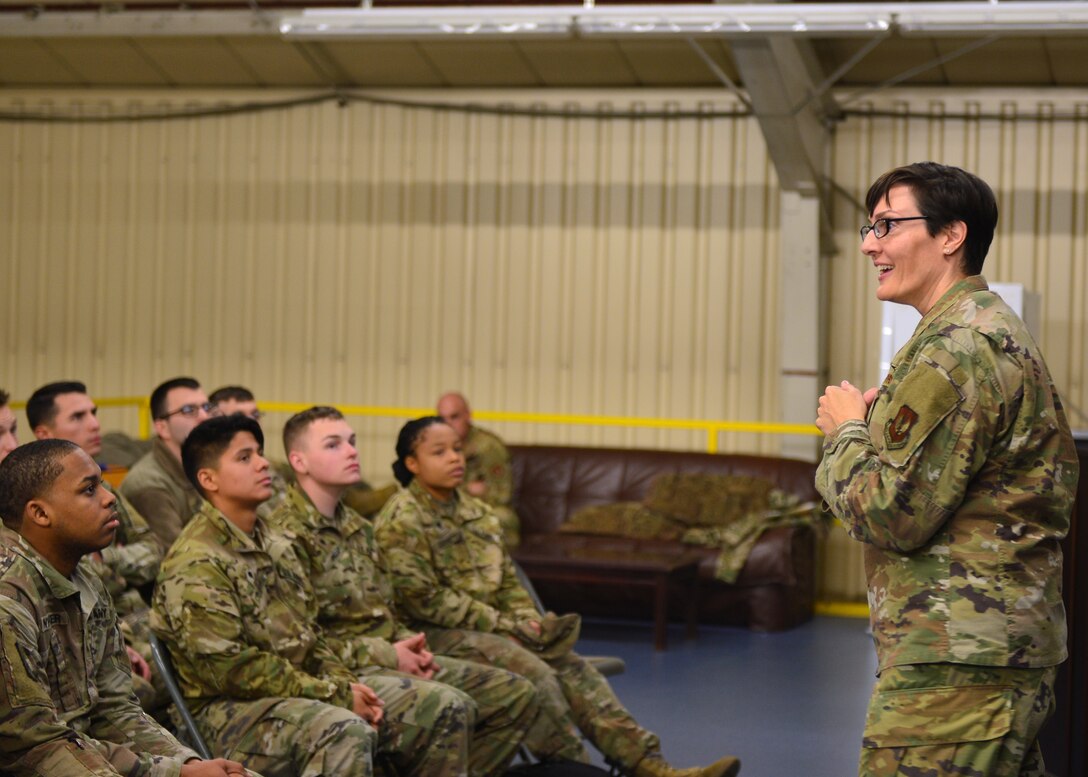 U.S. Air Force Col. Alison Forsythe, 86th Aeromedical Evacuation Squadron commander, provides opening remarks to members attending a joint medical training event at Ramstein Air Base, Germany, Nov. 15, 2019. U.S. Army and Air Force service members from the 212th Combat Support Hospital, 86th Aerospace Medicine Squadron, and 86th AES familiarized each other with their respective processes and procedures to improve interoperability during real-world operations. (U.S. Air Force photo by Staff Sgt. Jimmie D. Pike)